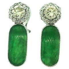 GIA Certified Natural Jadeite Jade Diamond Platinum Flower Earrings