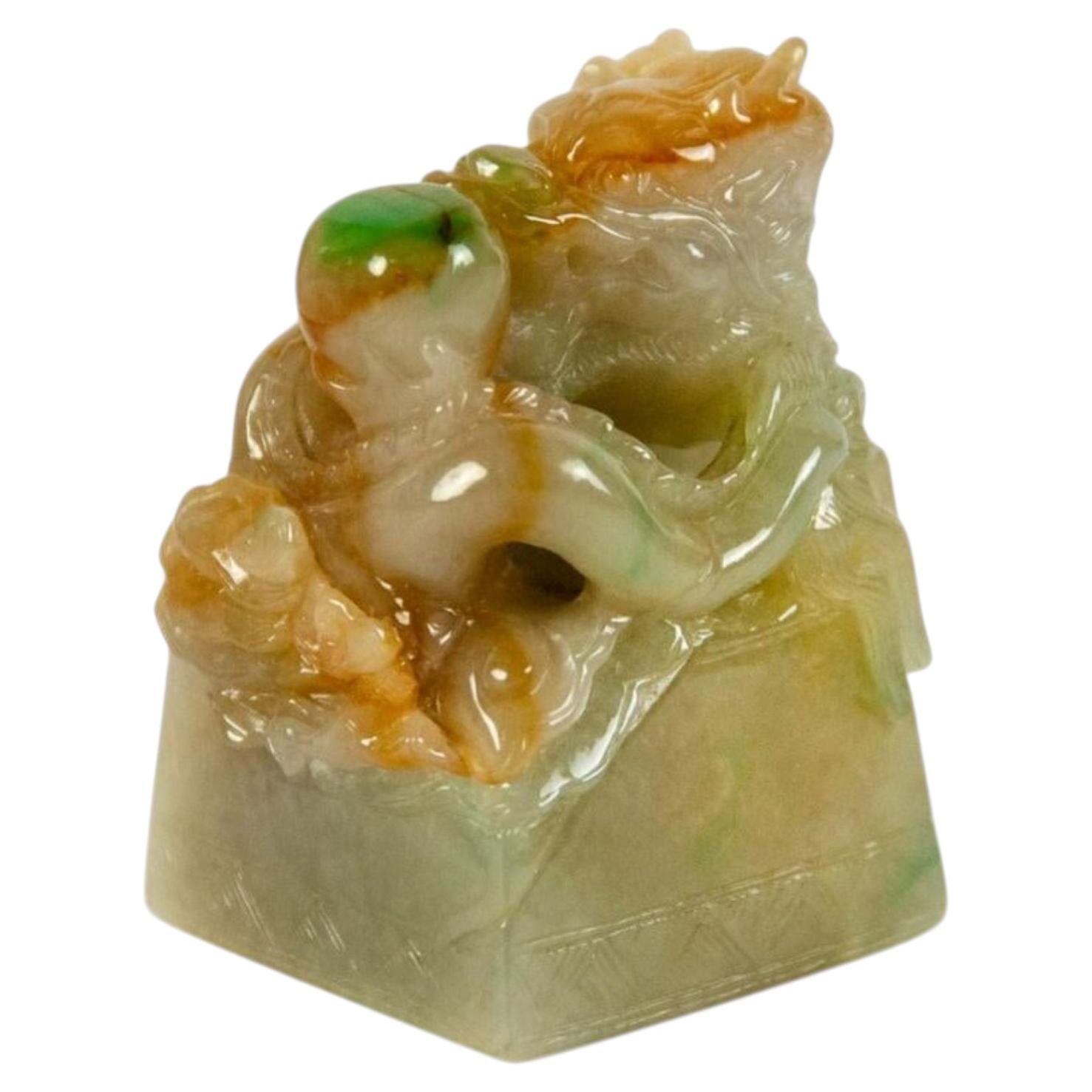 GIA Certified Natural Jadeite Jade Dragon Stamp, Brown & Green Color Carving