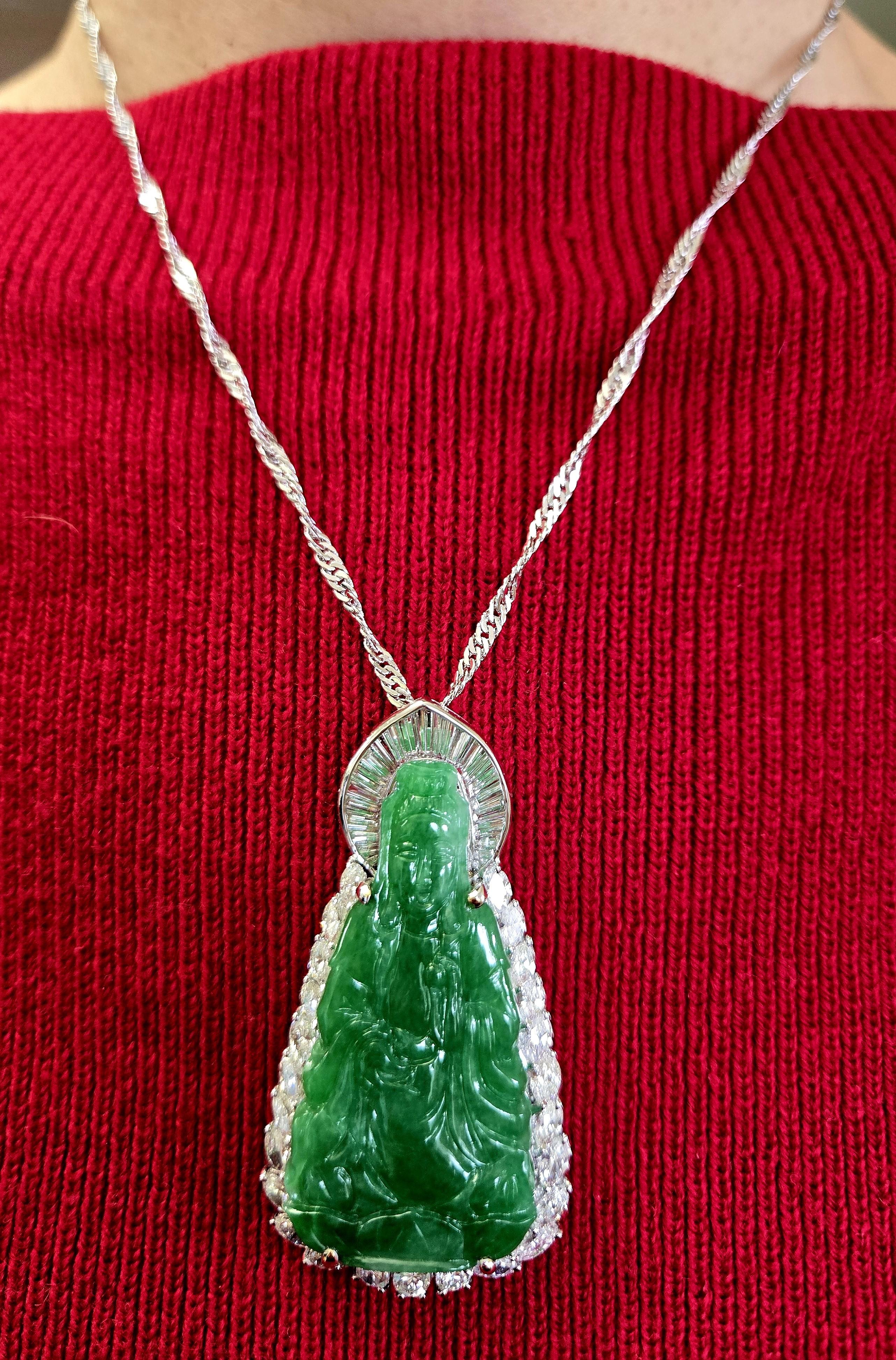 Women's or Men's GIA Certified Natural Jadeite jade Guanyin and Diamonds 18K Pendant Necklace New For Sale