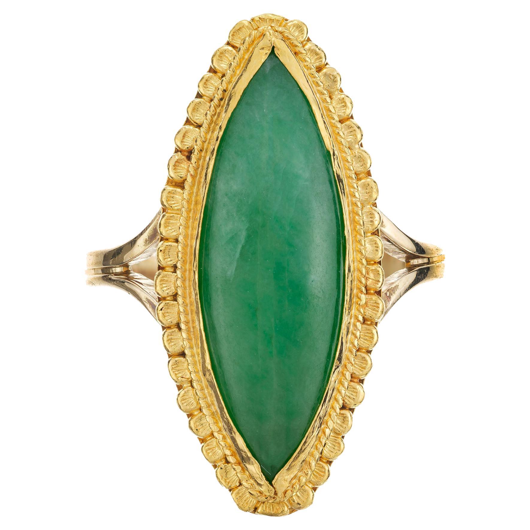 GIA Certified Natural Jadeite Jade Marquise Yellow Gold Cocktail Ring For Sale
