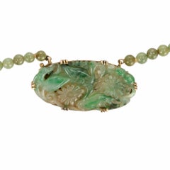 GIA Certified Natural Jadeite Jade Midcentury Yellow Gold Pendant Necklace