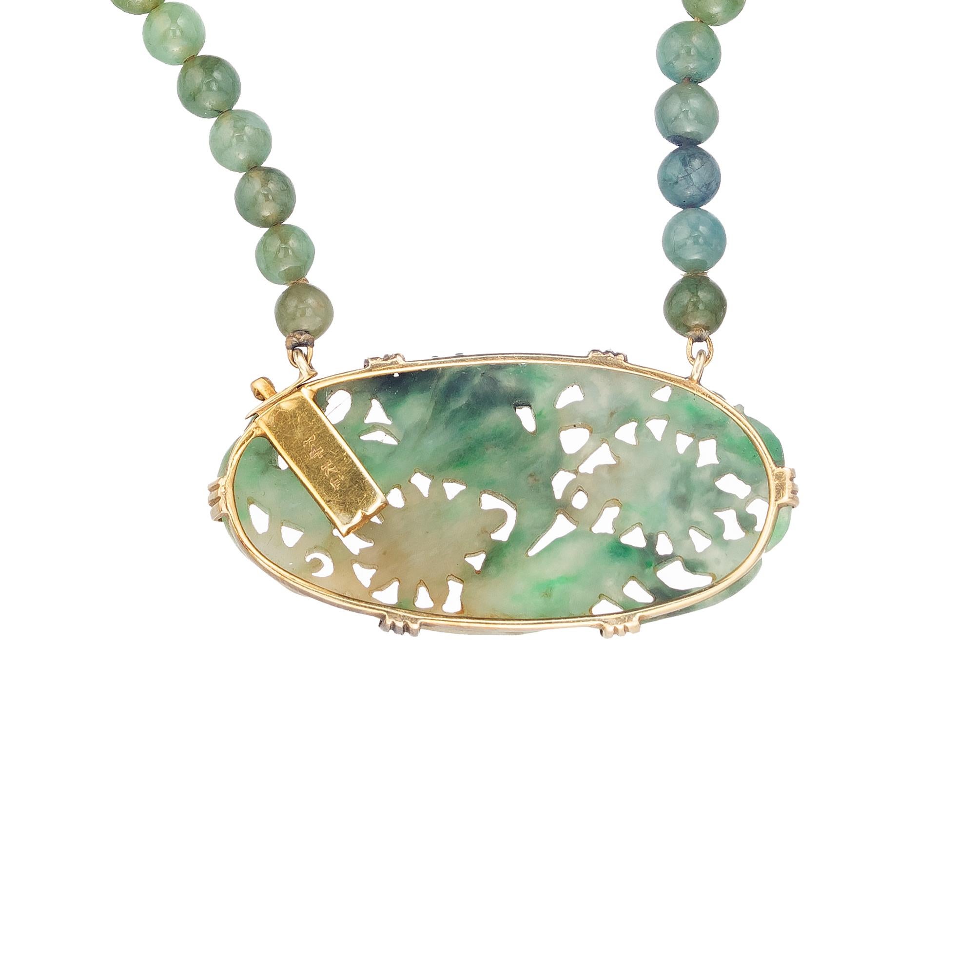 GIA Certified Natural Jadeite Jade Midcentury Yellow Gold Pendant Necklace In Good Condition For Sale In Stamford, CT