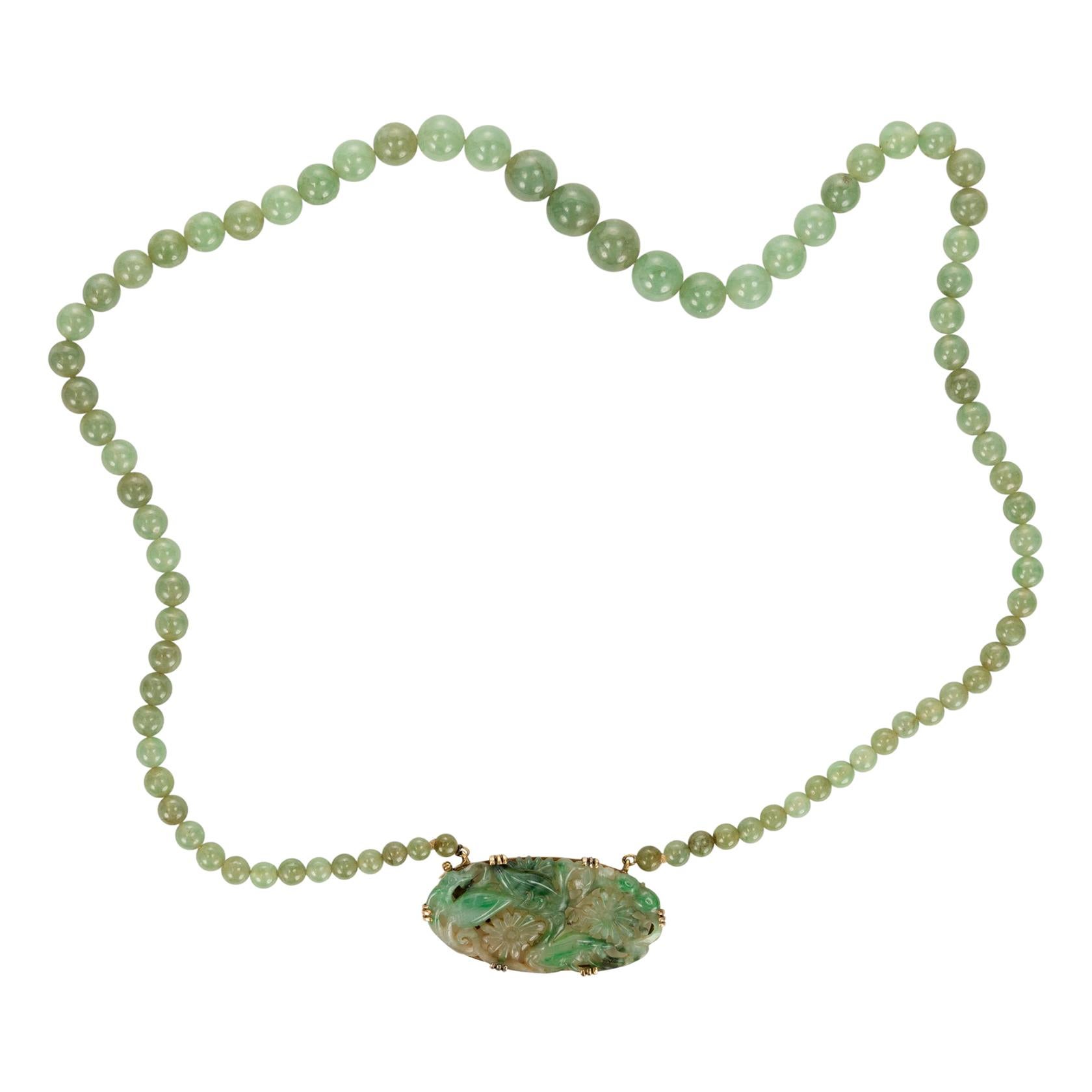 GIA Certified Natural Jadeite Jade Midcentury Yellow Gold Pendant Necklace