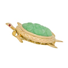 GIA Certified Natural Jadeite Jade Ruby Gold Turtle Brooch