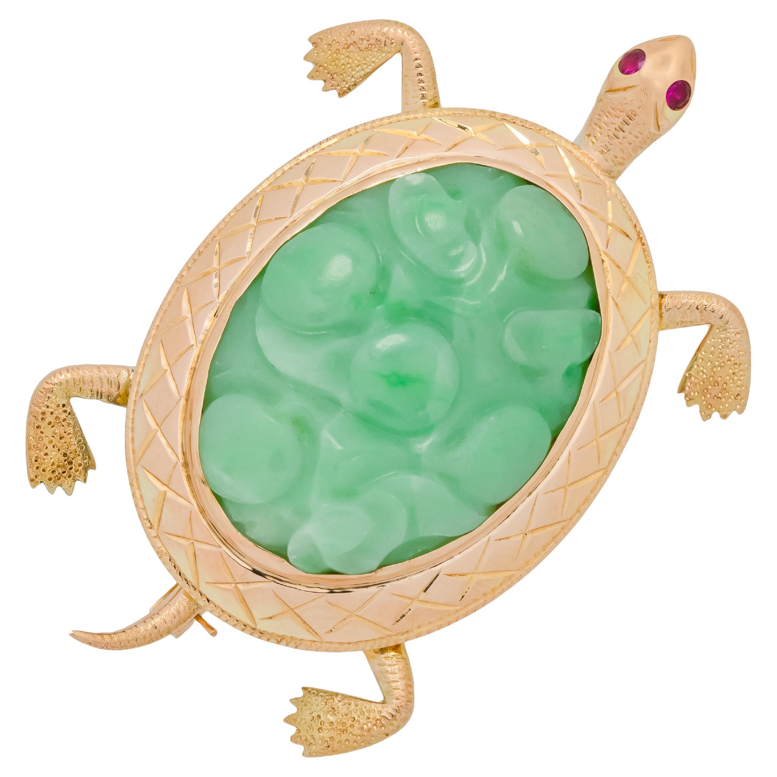 GIA Certified Natural Jadeite Jade Ruby Gold Turtle Brooch