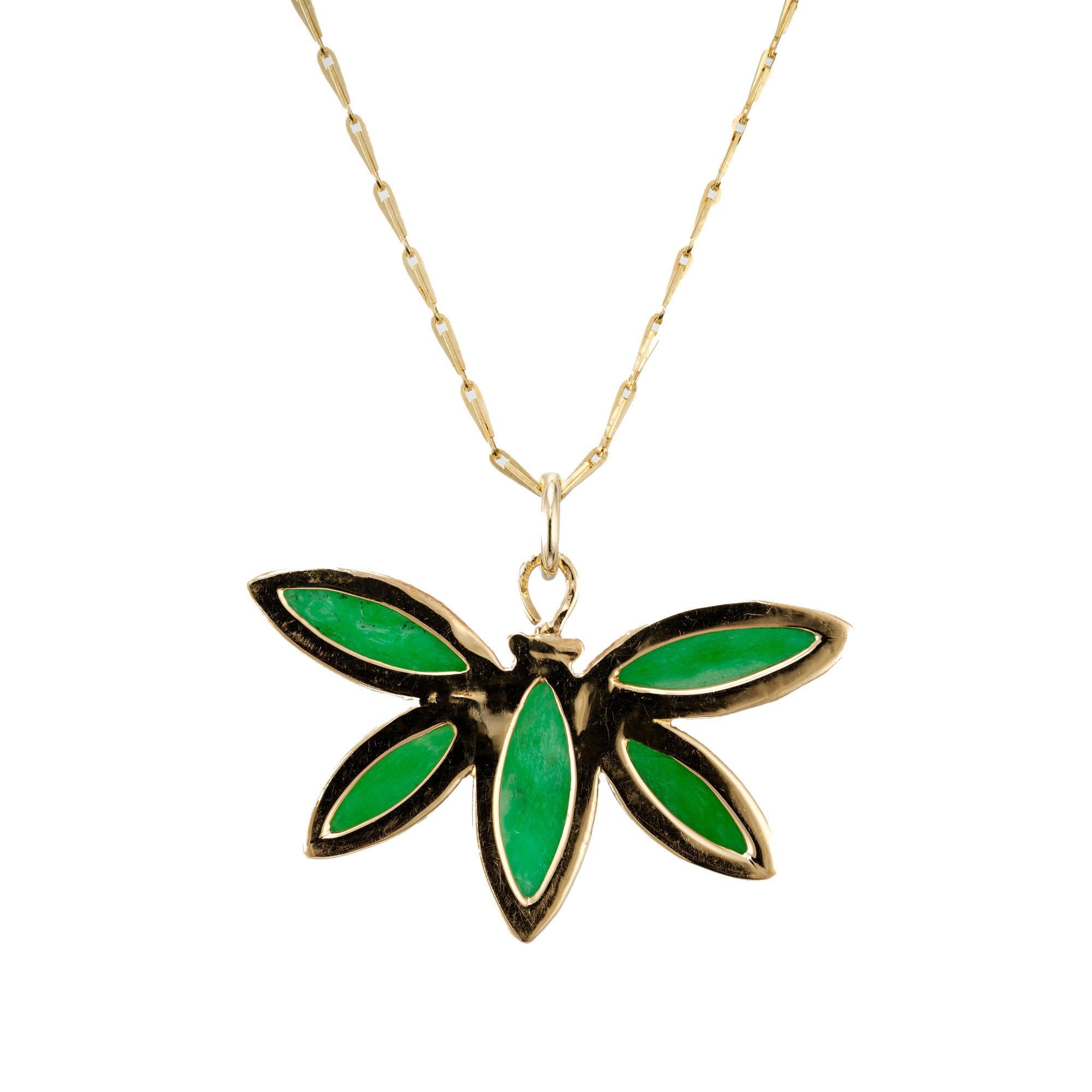 GIA Certified Natural Jadeite Jade Yellow Gold Butterfly Pendant Necklace In Good Condition In Stamford, CT