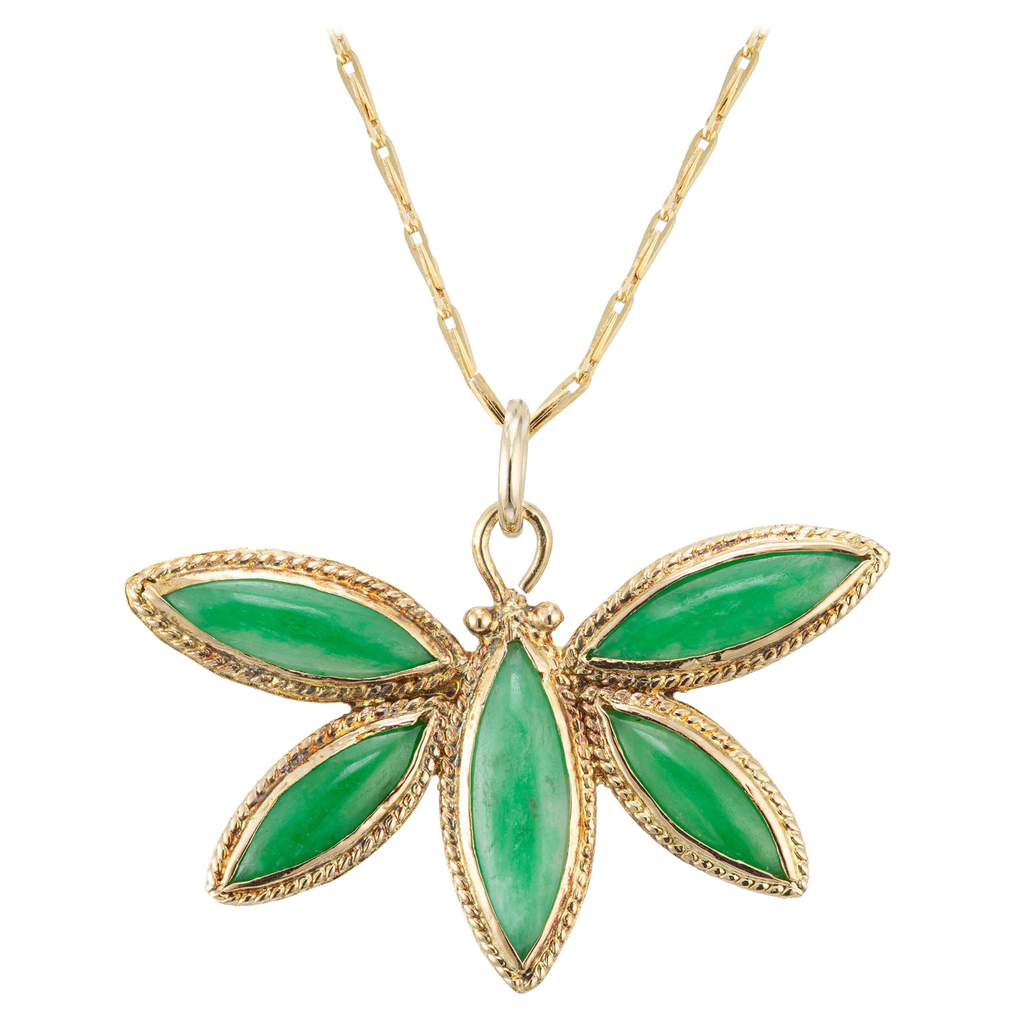 GIA Certified Natural Jadeite Jade Yellow Gold Butterfly Pendant Necklace