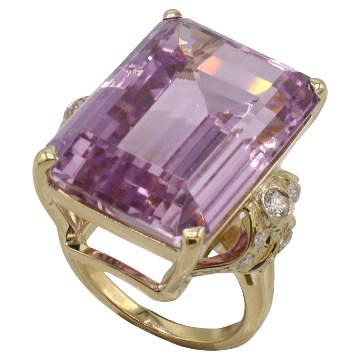 GIA Certified Natural Purplish Pink
 Kunzite & Diamond 18 Karat Yellow Gold Retro Cocktail Ring 
Metal: 18k yellow gold
GIA report number: 5232465586
Kunzite: 19.86 x 14.47 x 9.87 mm, approx. 23-25 carats 
Diamonds: Approx. 0.75 CTW F-G VS round