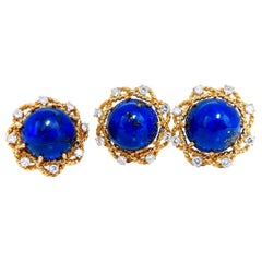 GIA Certified Natural Lapis Diamond Clip Earrings and Ring 18 Karat