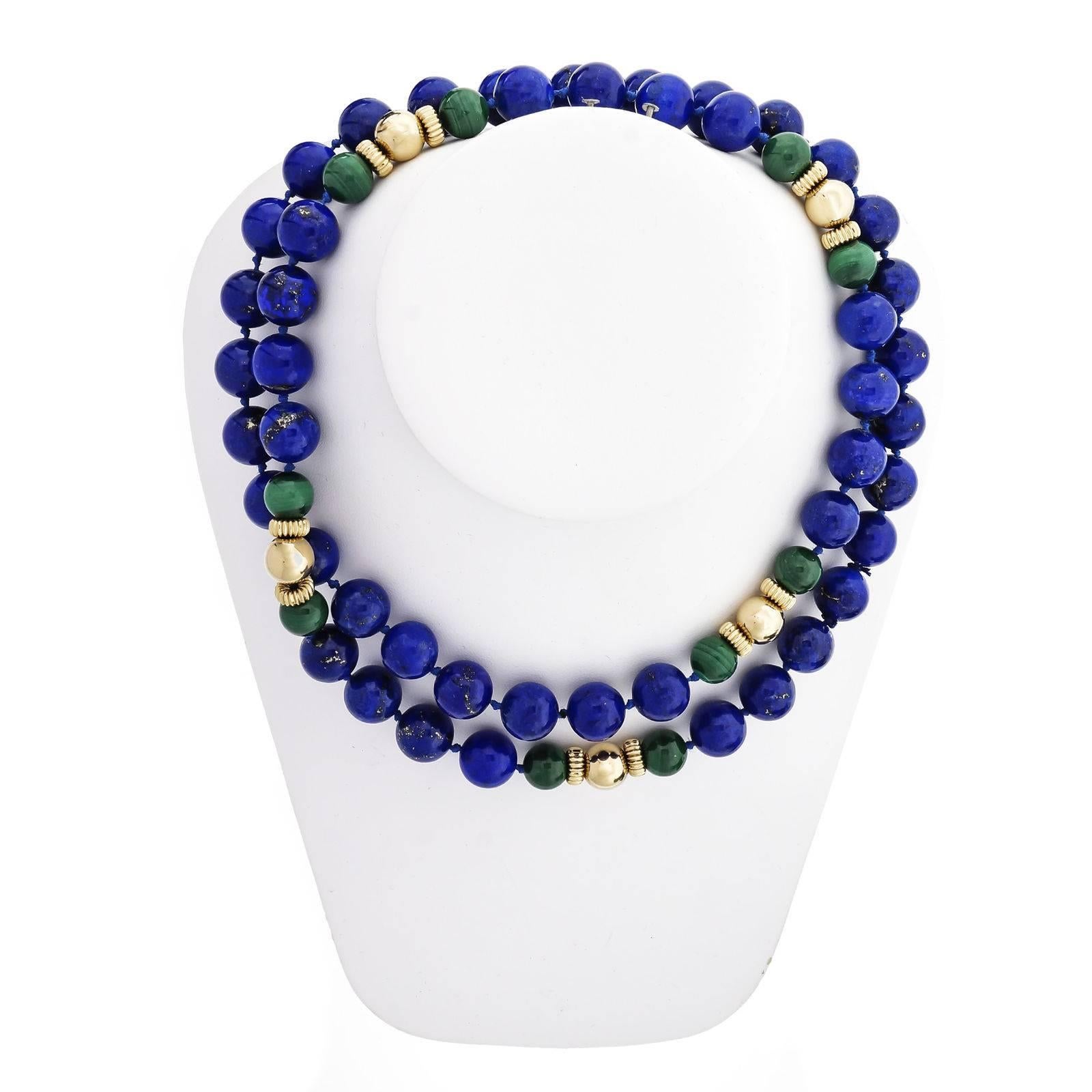 GIA Certified Natural Lapis Malachite Beed Gold Necklace In Good Condition In Stamford, CT