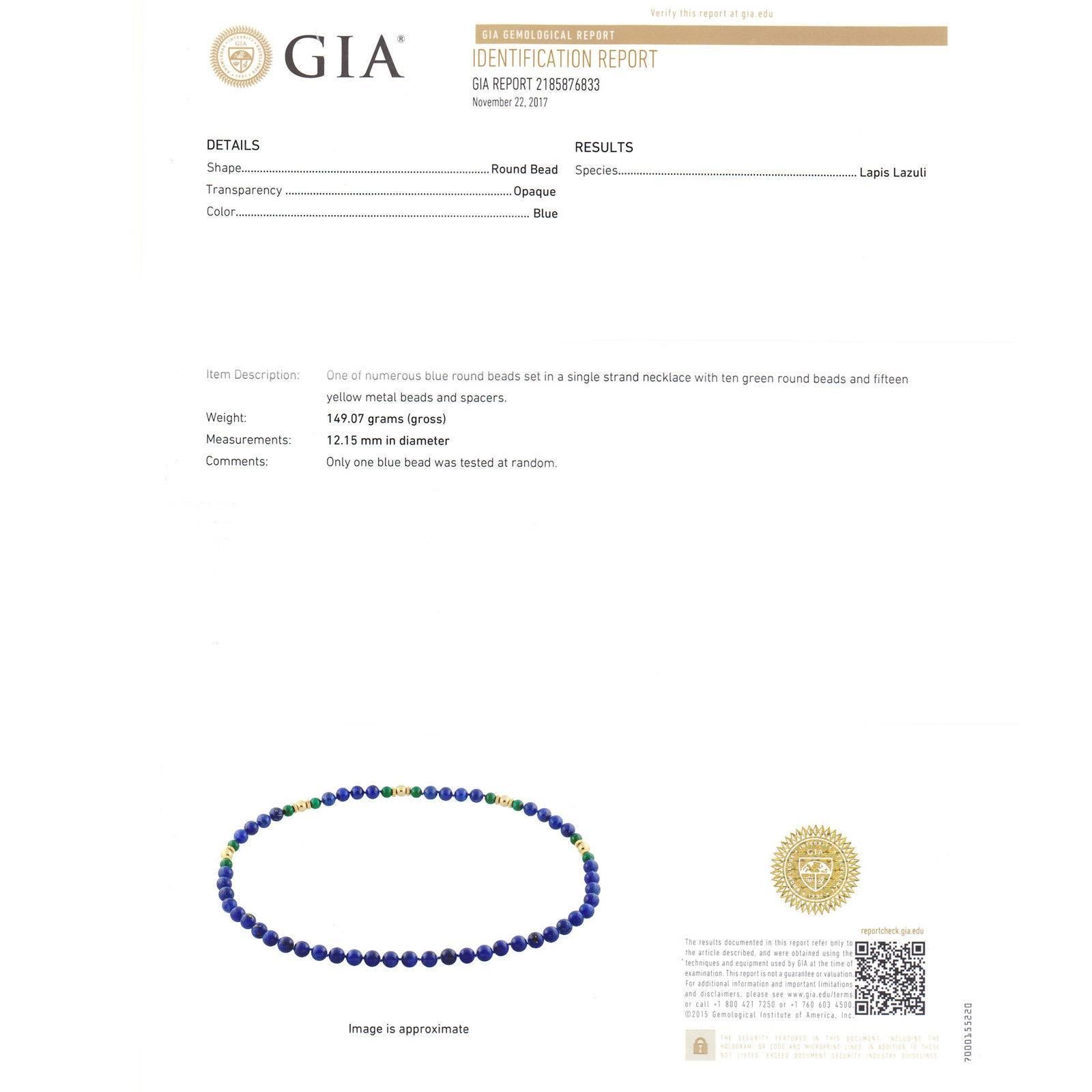 Women's GIA Certified Natural Lapis Malachite Beed Gold Necklace