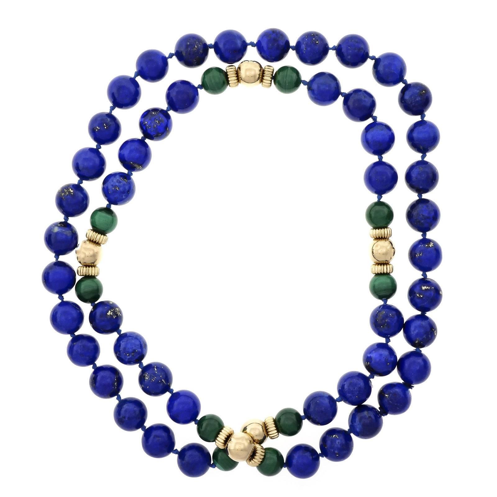 GIA Certified Natural Lapis Malachite Beed Gold Necklace