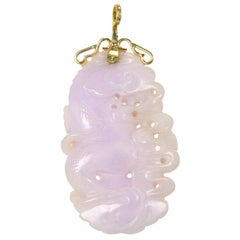 GIA Certified Natural Lavender Carved Large Jadeite Jade Gold Pendant