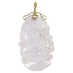 GIA Certified Natural Lavender Carved Large Jadeite Jade Gold Pendant