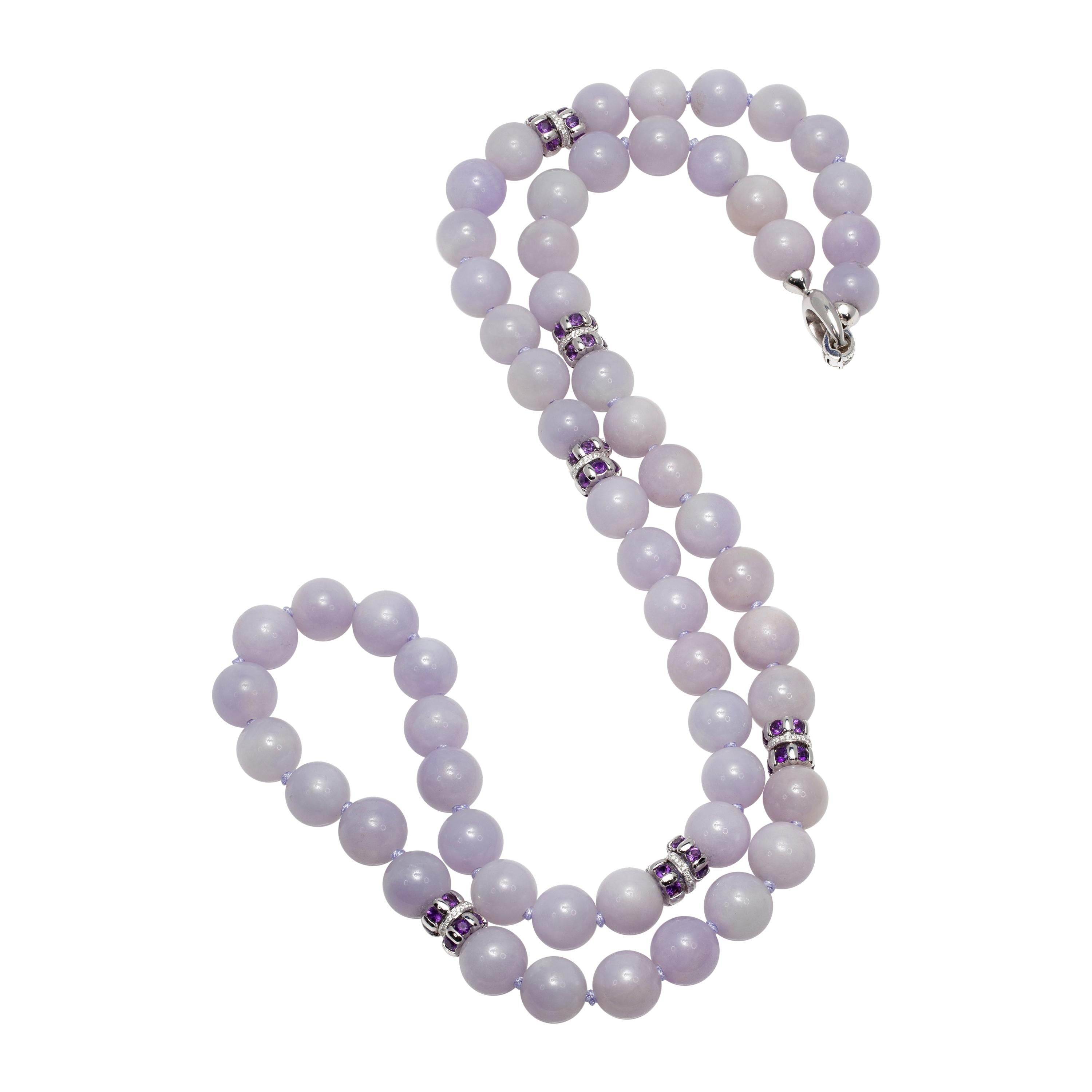 GIA Certified Natural Lavender Jadeite Jade, Amethyst and Diamond Necklace