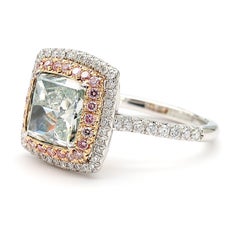 GIA Certified Natural Light Green Cushion Diamond 3.07 Carat TW Platinum Ring