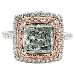 GIA Certified Natural Light Green Cushion Diamond 3.07 Carat TW Platinum Ring
