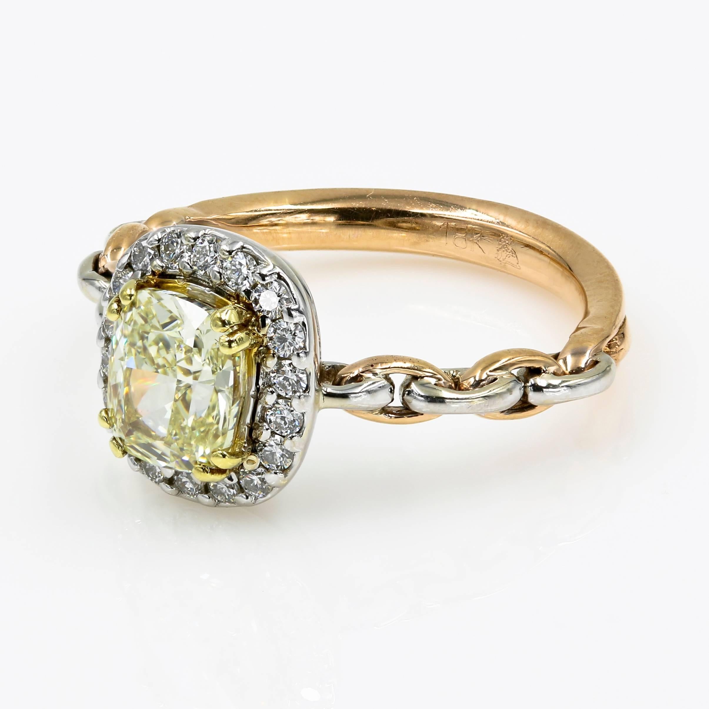 Elegant Chardonnay Diamond® ring with 1.30cts. cushion cut center diamond is W-X color and VS1 clarity. The diamond has a unique serial number on the girdle and the Chardonnay Diamond® Logo. The stone is set in 18kt. yellow, rose & white gold with