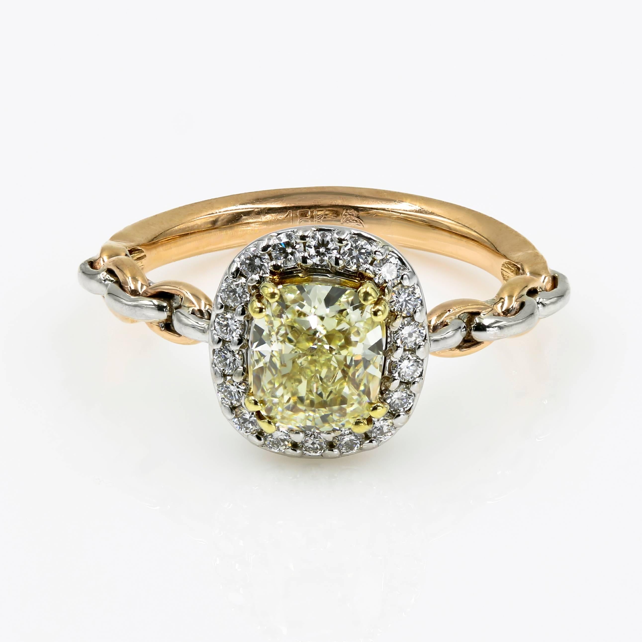 Contemporary GIA Certified Natural Light Yellow 1.30 Cushion Cut Chardonnay Diamond Ring