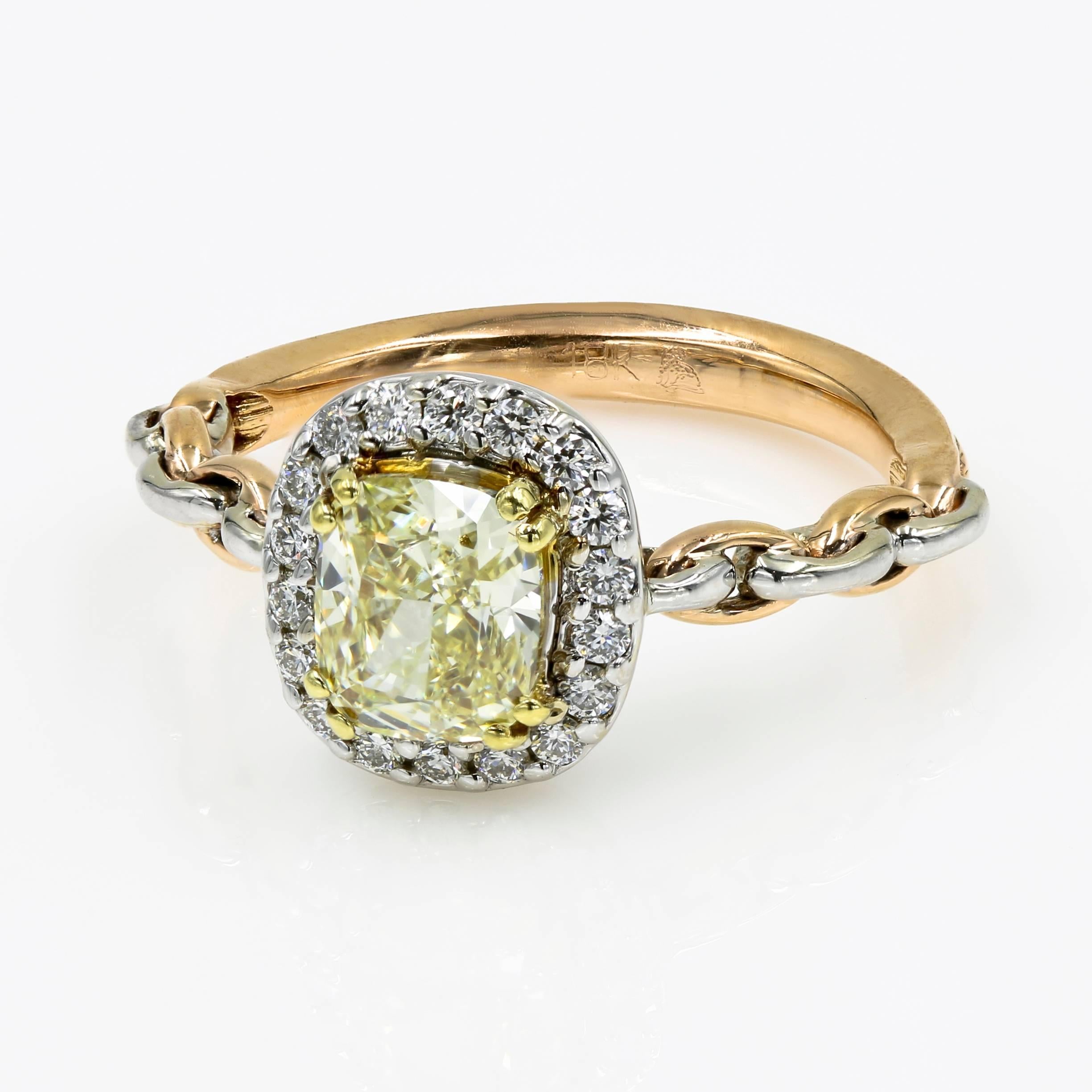 GIA Certified Natural Light Yellow 1.30 Cushion Cut Chardonnay Diamond Ring In New Condition In Chicago, IL