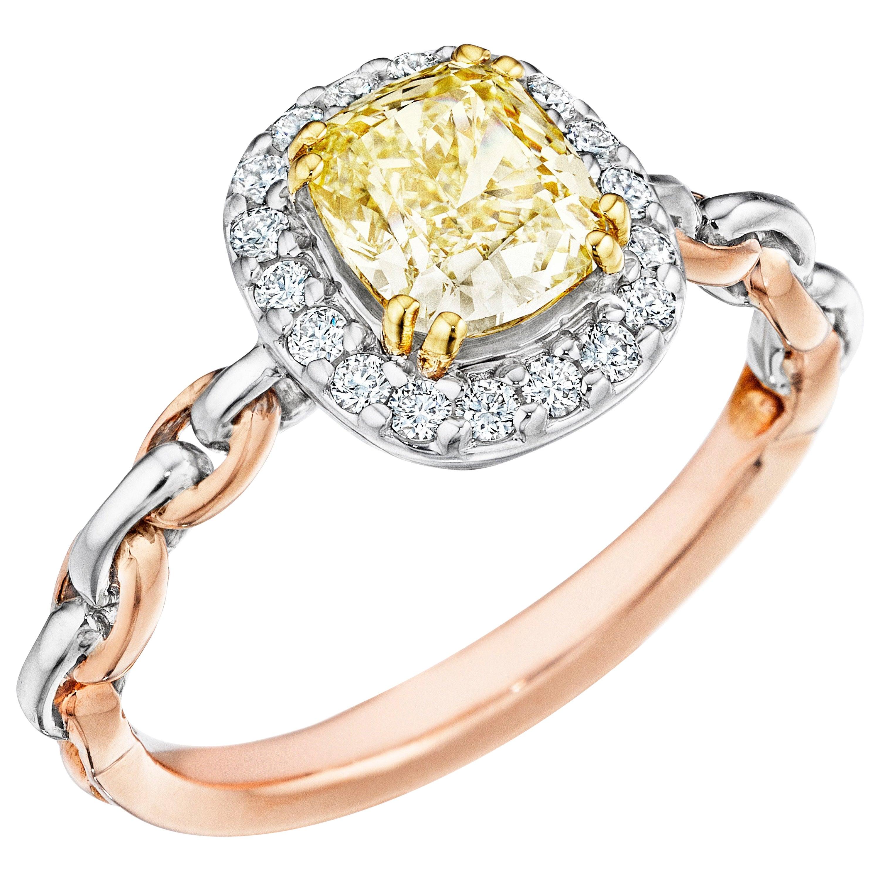 GIA Certified Natural Light Yellow 1.30 Cushion Cut Chardonnay Diamond Ring