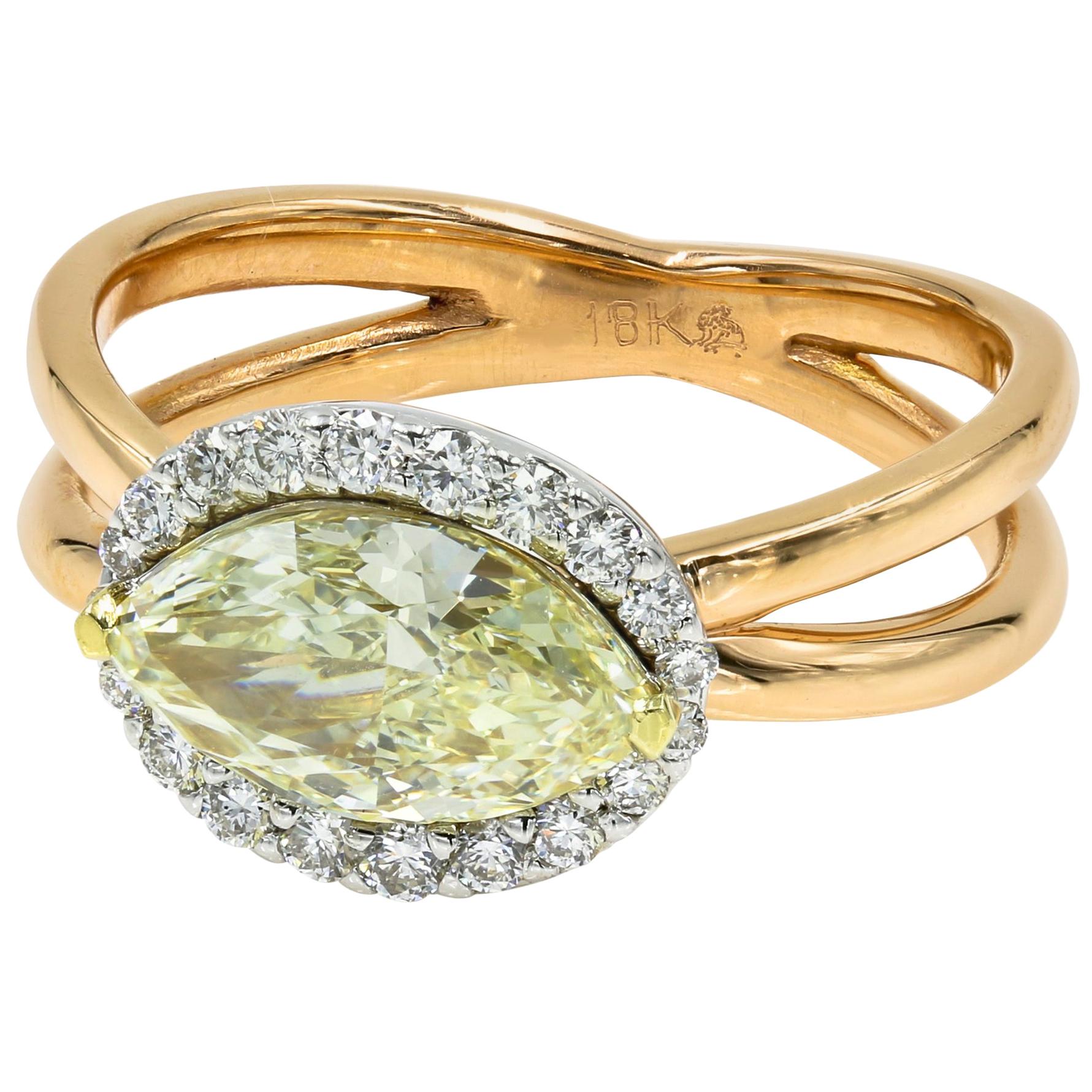 GIA Certified Natural Light Yellow 1.50 Marquise Cut Chardonnay Diamond Ring