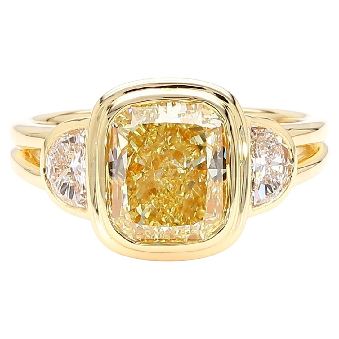 GIA Certified Natural Light Yellow Cushion Diamond 3.43 Carat TW Gold Ring