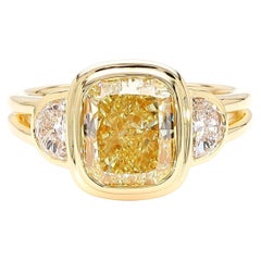 GIA Certified Natural Light Yellow Cushion Diamond 3.43 Carat TW Gold Ring