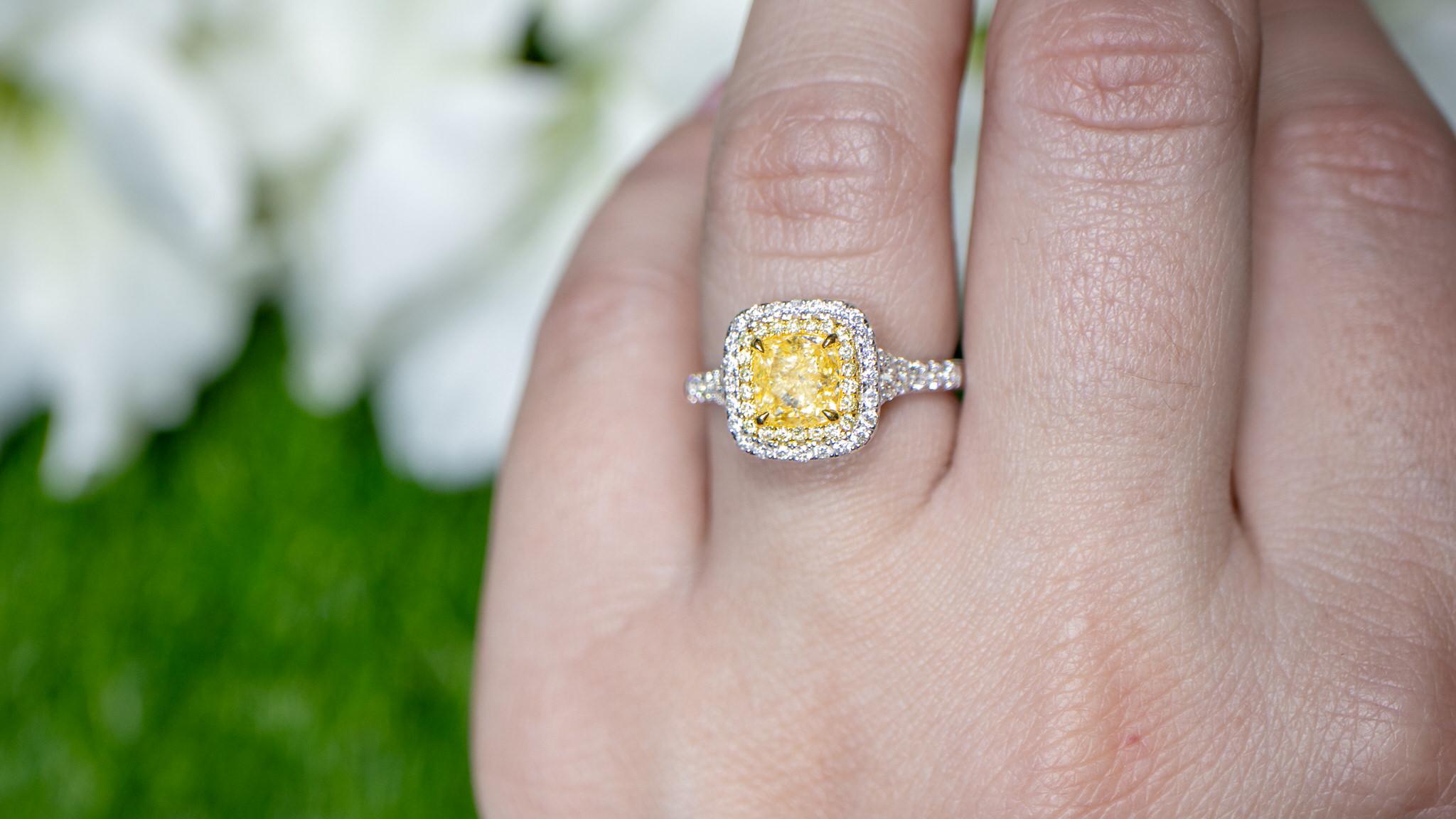 Cushion Cut GIA Certified Natural Light Yellow Diamond Engagement Ring 1.72 Carats 18K Gold For Sale