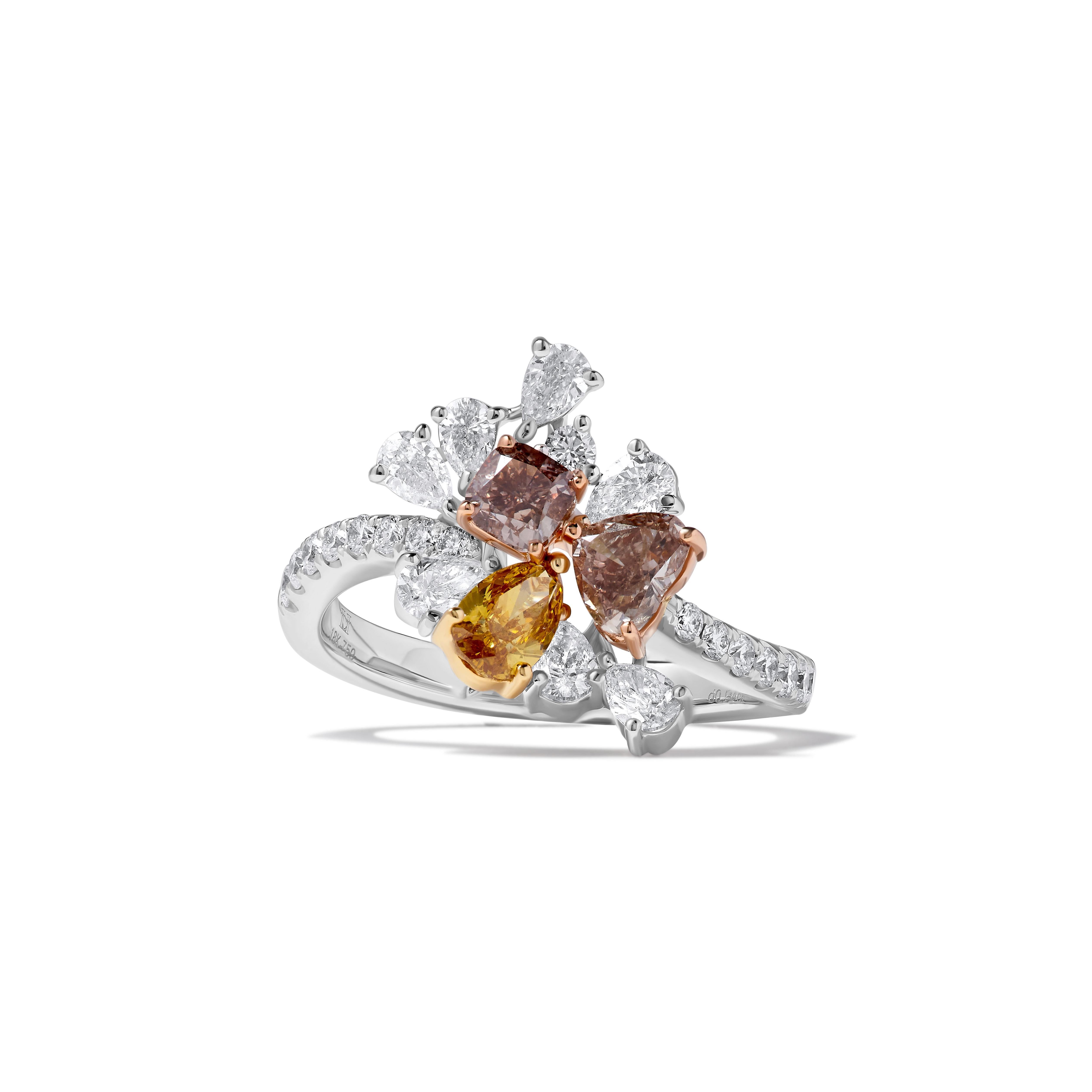 Contemporary GIA Certified Natural Mix Fancy Color Diamond 2.12 Carat TW Gold Cocktail Ring For Sale