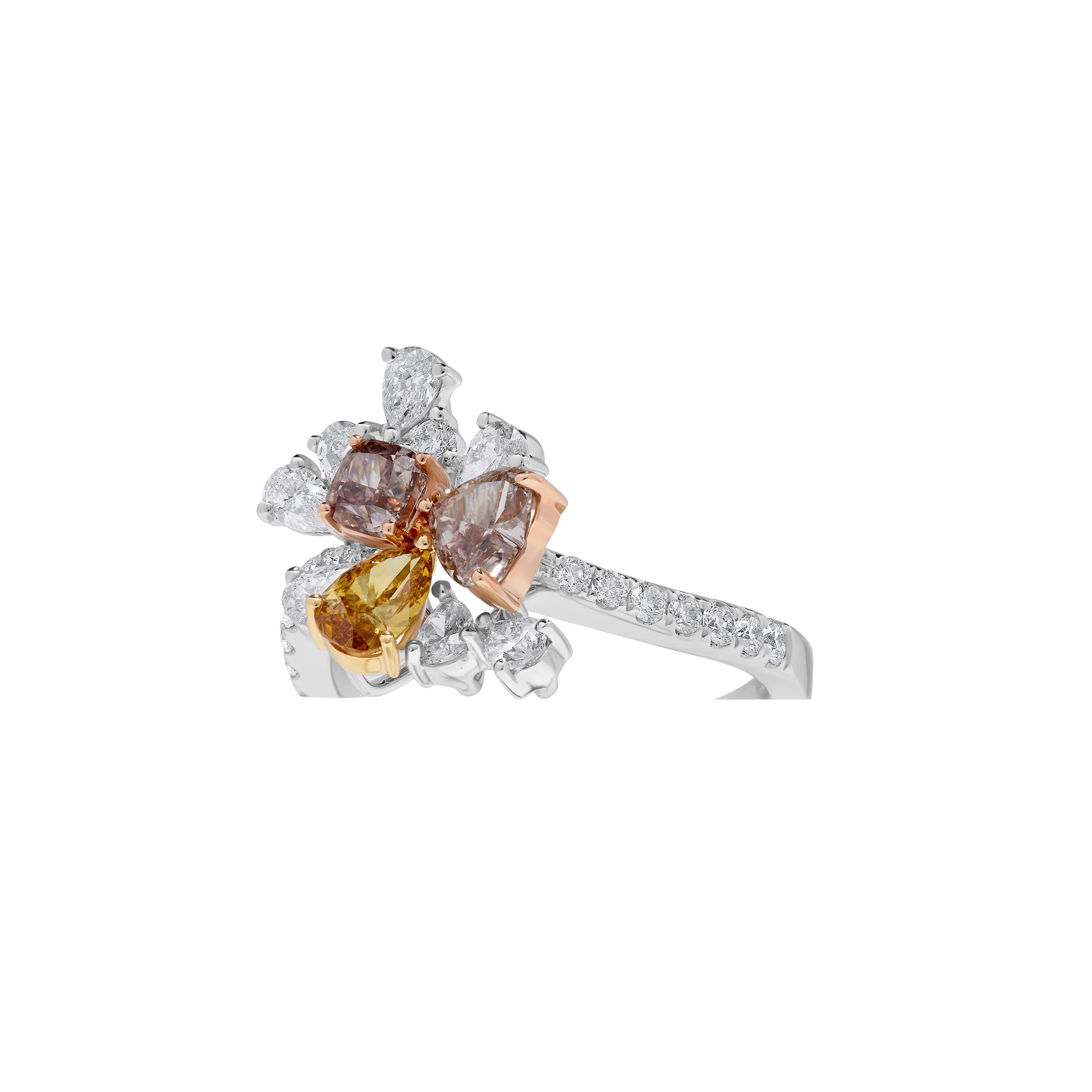 Cushion Cut GIA Certified Natural Mix Fancy Color Diamond 2.12 Carat TW Gold Cocktail Ring For Sale
