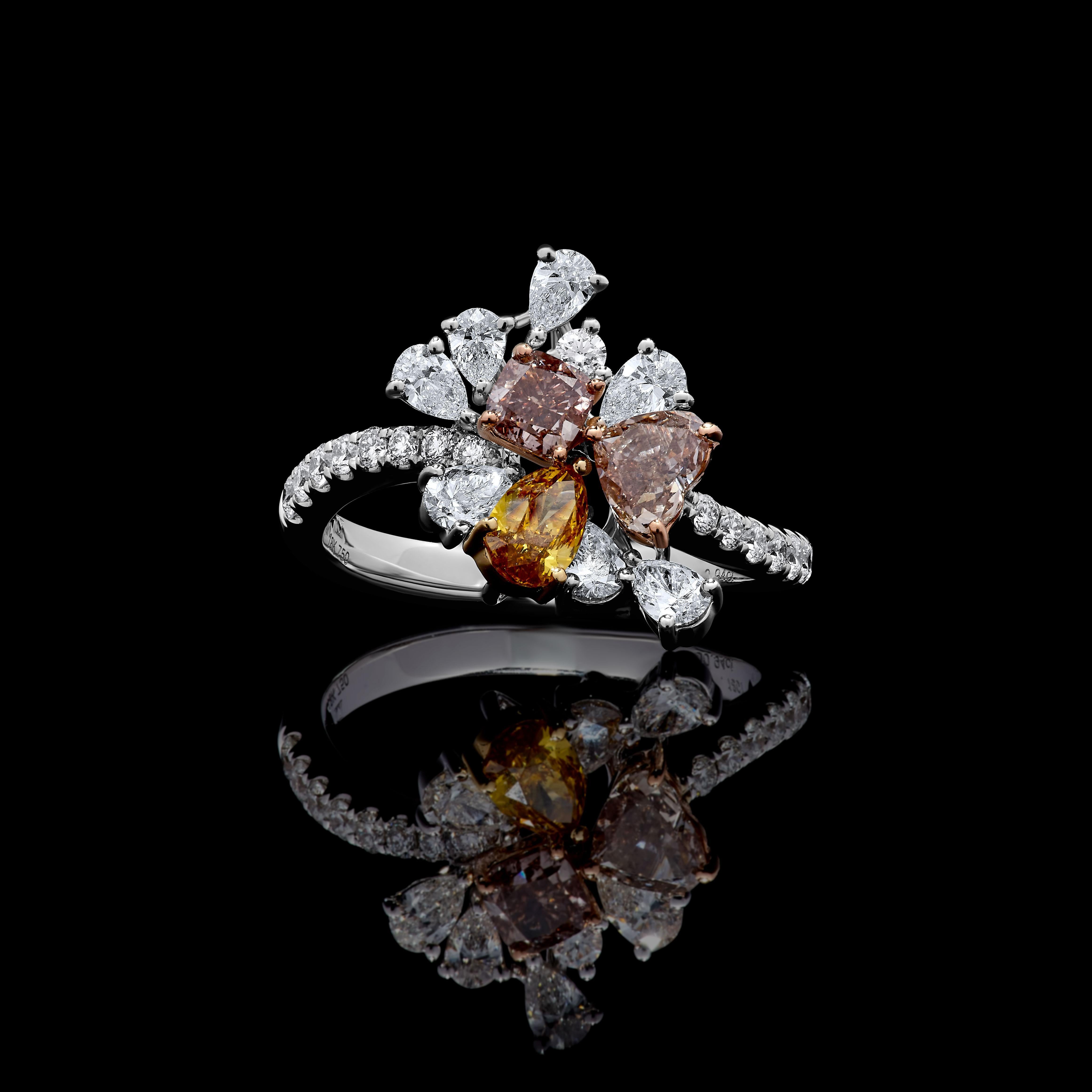 Women's GIA Certified Natural Mix Fancy Color Diamond 2.12 Carat TW Gold Cocktail Ring For Sale