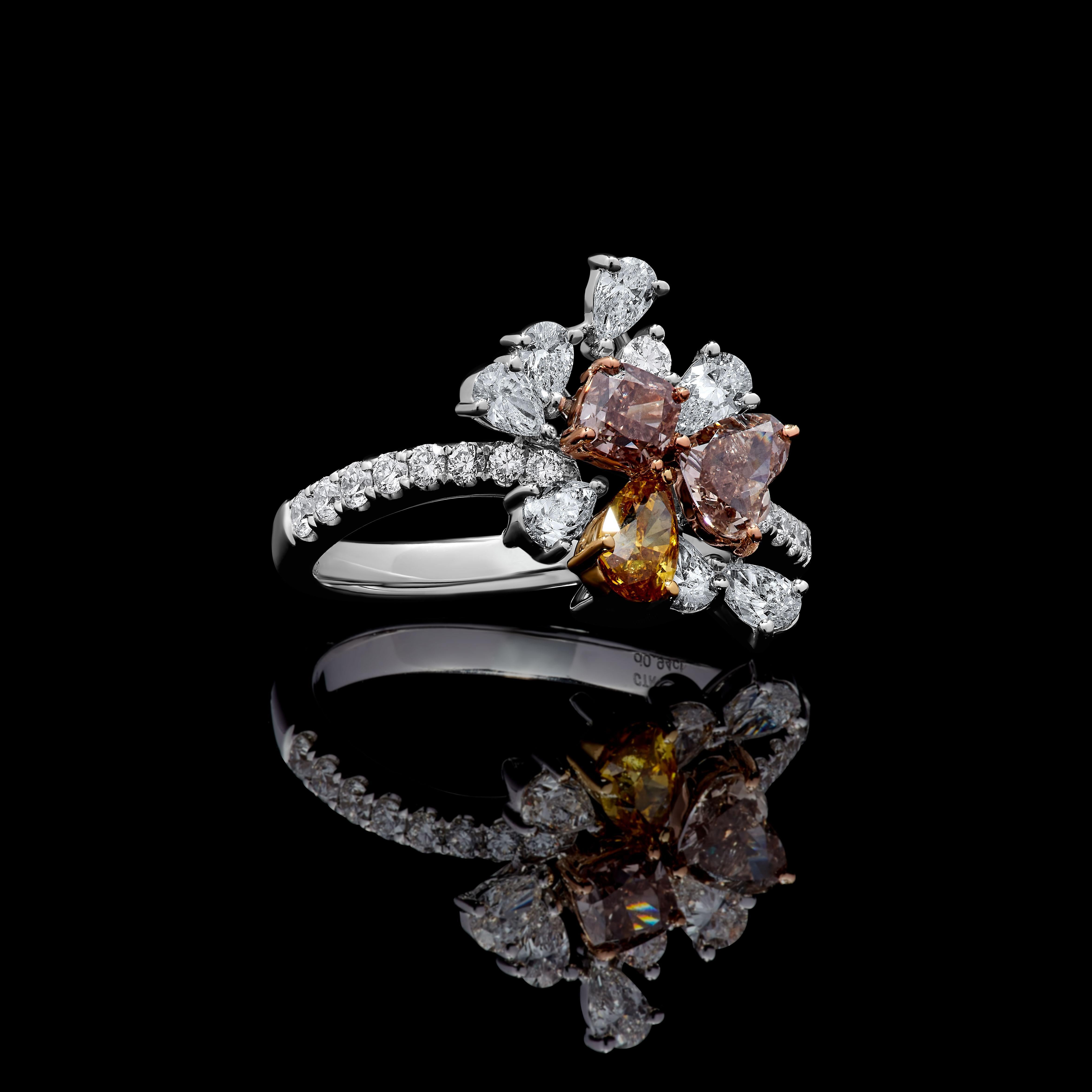 GIA Certified Natural Mix Fancy Color Diamond 2.12 Carat TW Gold Cocktail Ring For Sale 1