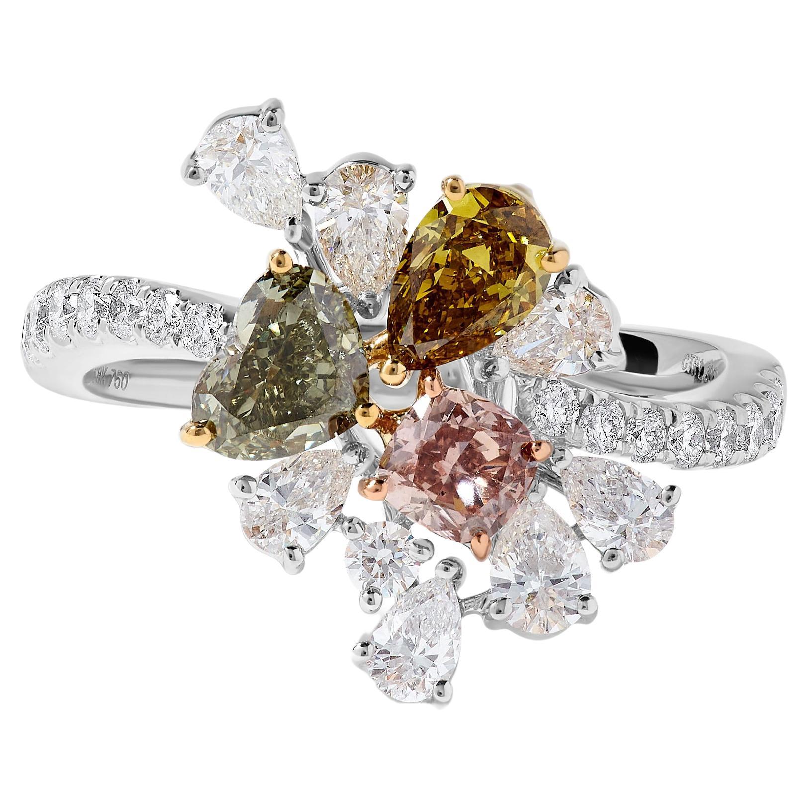 GIA Certified Natural Mix Fancy Color Diamond 2.26 Carat TW Gold Cocktail Ring For Sale