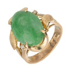 GIA Certified Natural Mottled Green Jadeite Jade Diamond Gold Cocktail Ring