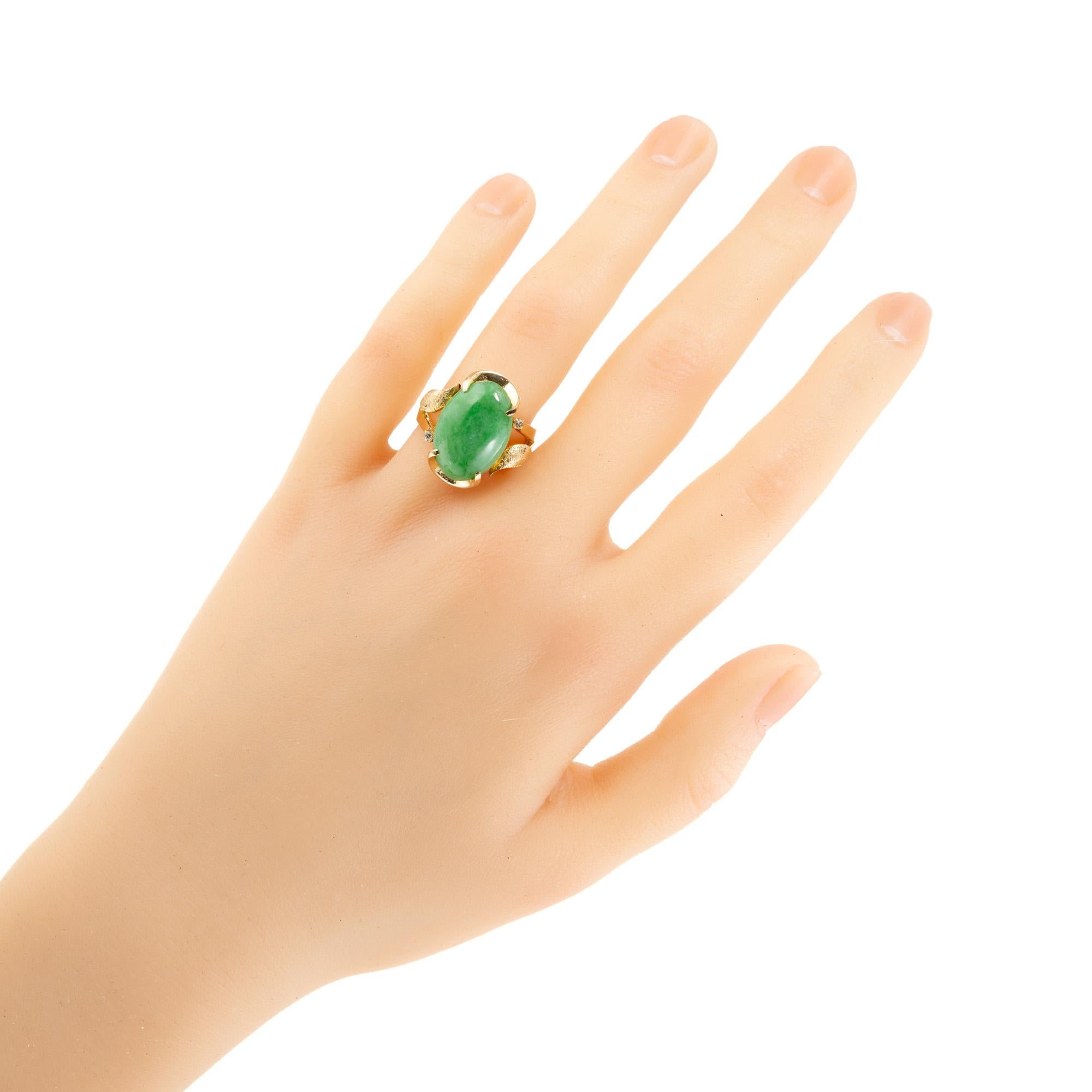 GIA Certified Natural Mottled Green Jadeite Jade Diamond Gold Cocktail Ring For Sale 1