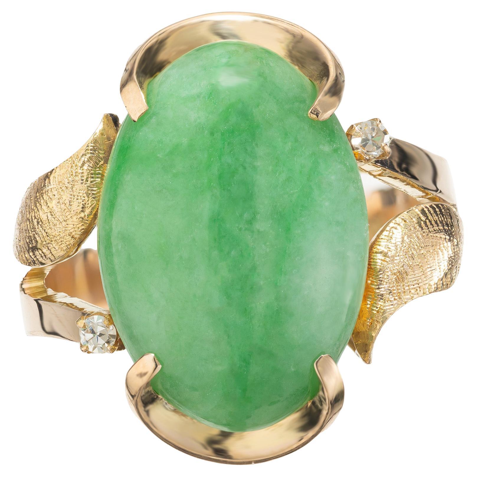 GIA Certified Natural Mottled Green Jadeite Jade Diamond Gold Cocktail Ring