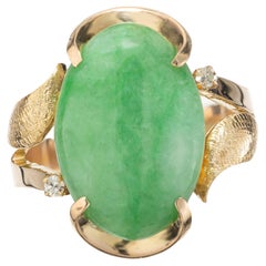Anillo de cóctel de oro con diamantes y jadeíta verde moteada natural certificada por GIA