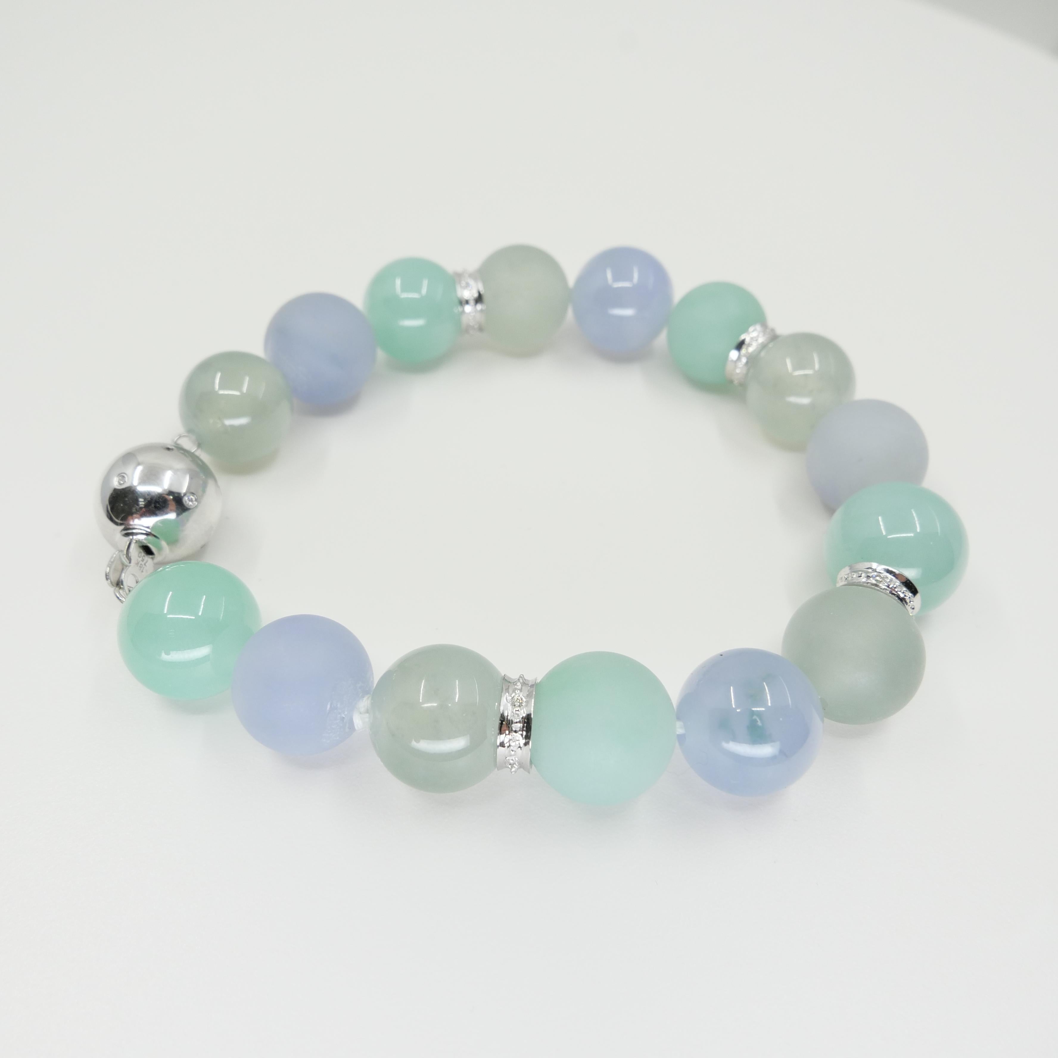 GIA Certified Natural Multi-Colored Jadeite Icy Jade Bead & Diamond Bracelet For Sale 9