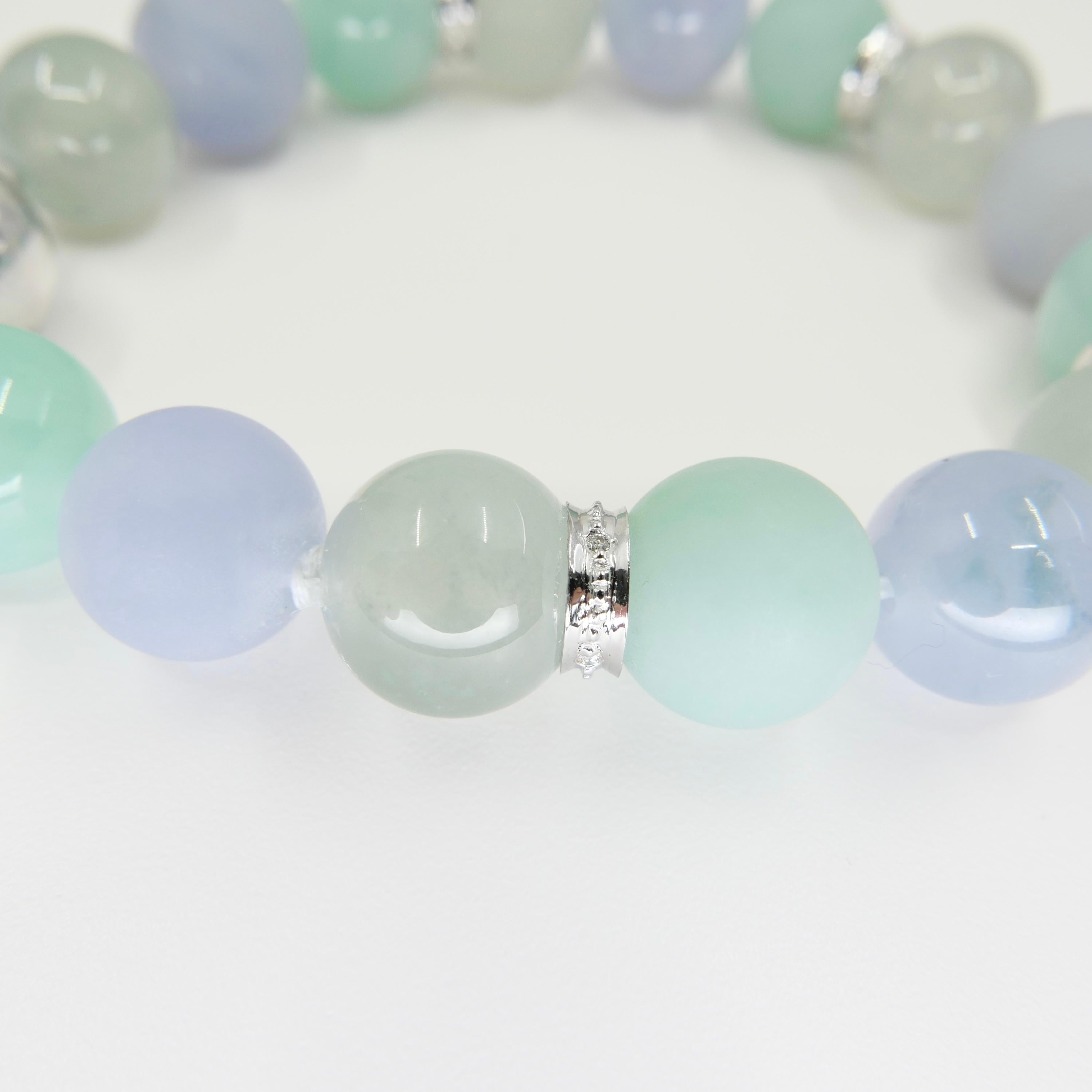 GIA Certified Natural Multi-Colored Jadeite Icy Jade Bead & Diamond Bracelet For Sale 10