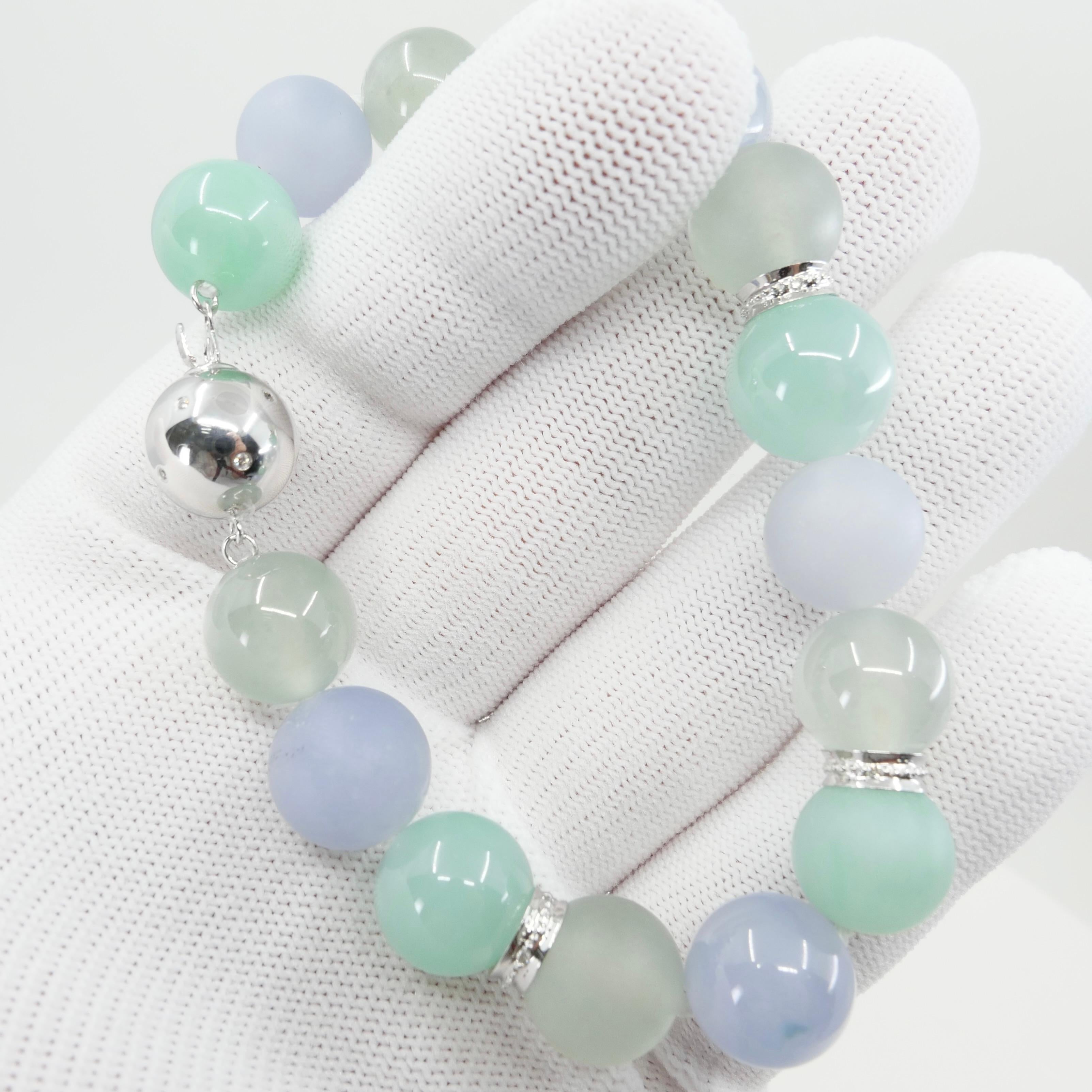 GIA Certified Natural Multi-Colored Jadeite Icy Jade Bead & Diamond Bracelet In New Condition For Sale In Hong Kong, HK