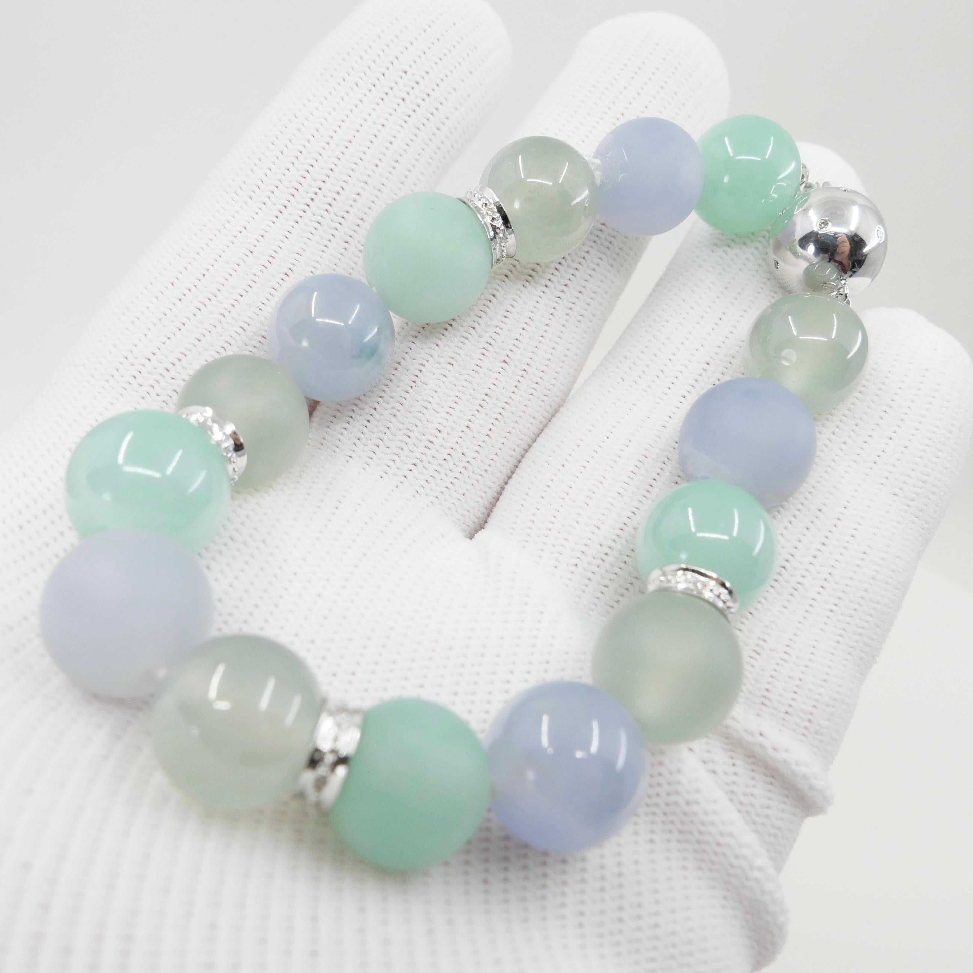 GIA Certified Natural Multi-Colored Jadeite Icy Jade Bead & Diamond Bracelet For Sale 7