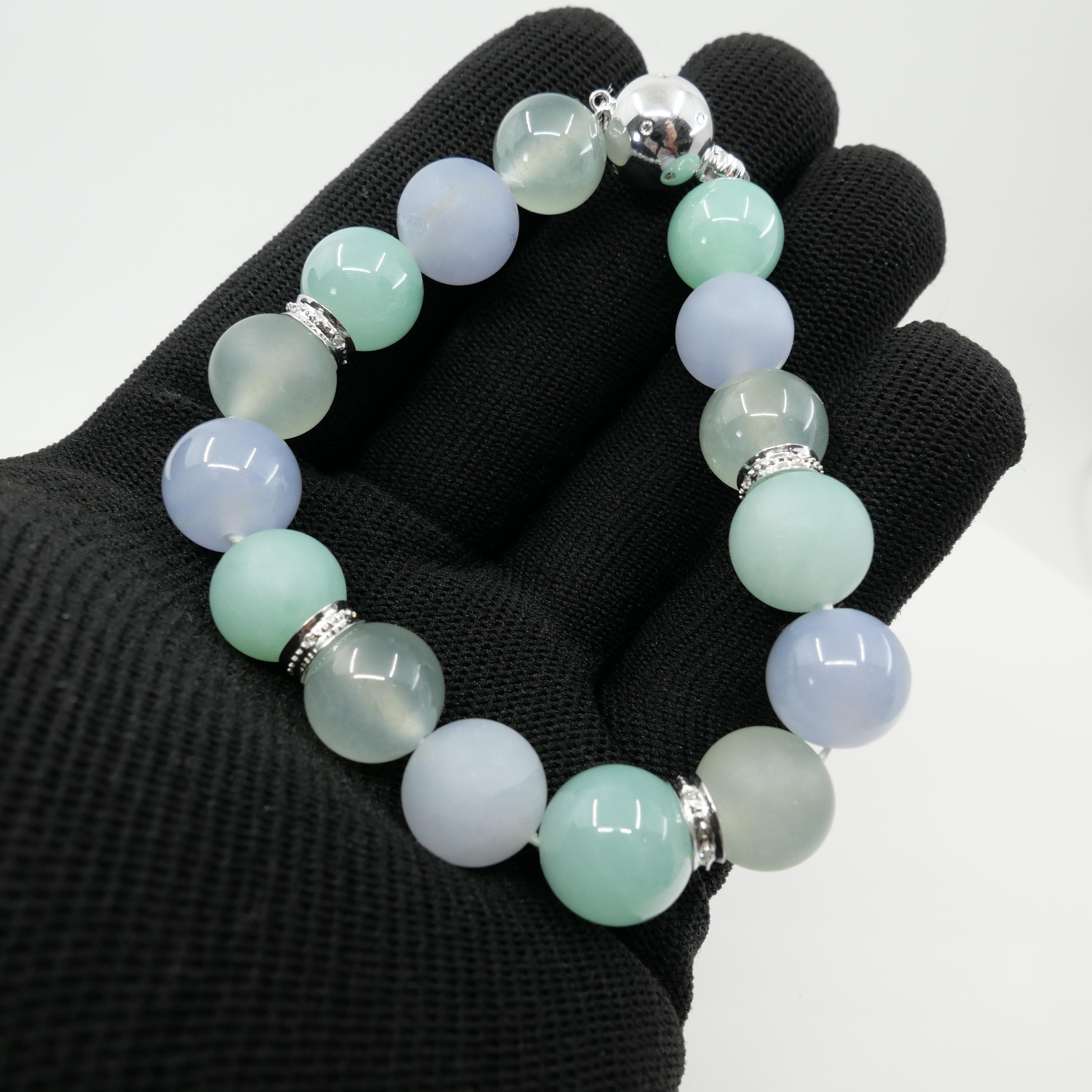 GIA Certified Natural Multi-Colored Jadeite Icy Jade Bead & Diamond Bracelet For Sale 5