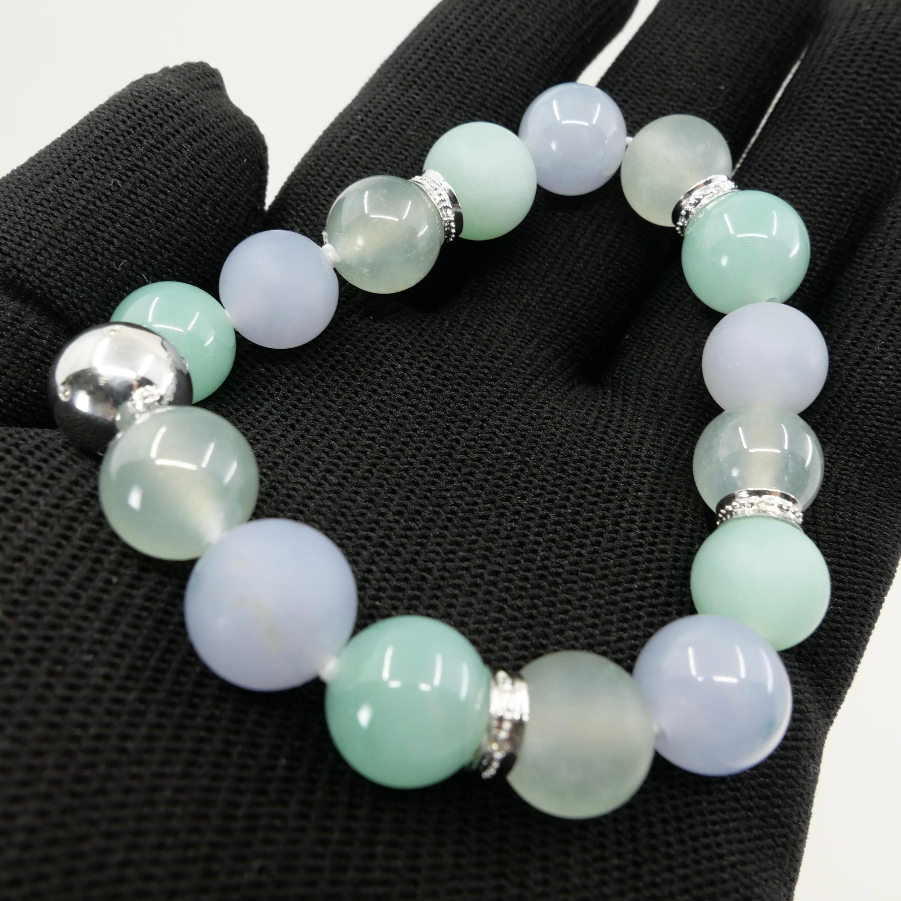 GIA-zertifizierte natürliche mehrfarbige Jadeit Icy Jade Perlen & Diamant-Armband im Angebot 3