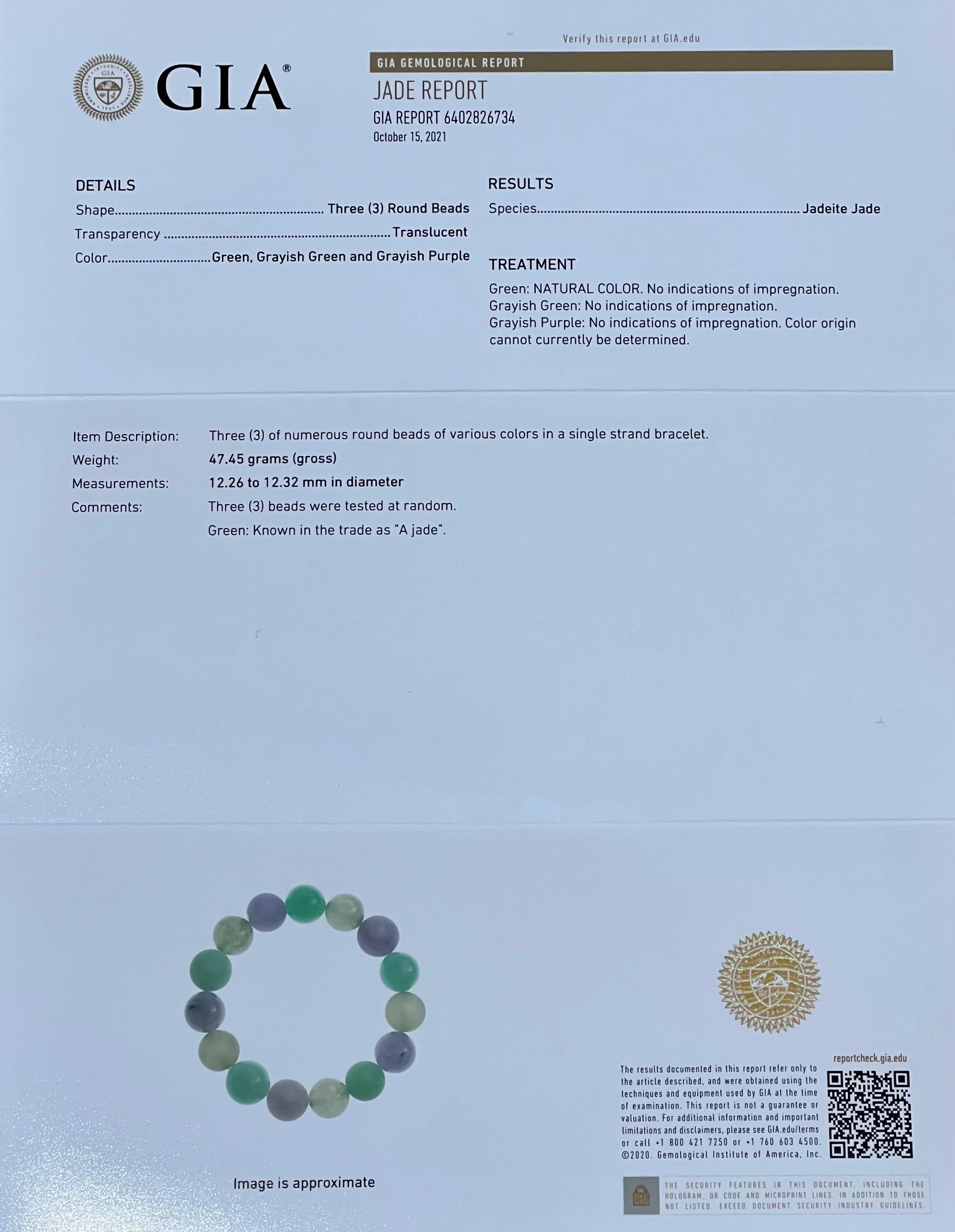 GIA Certified Natural Multi-Colored Jadeite Icy Jade Bead & Diamond Bracelet For Sale 11
