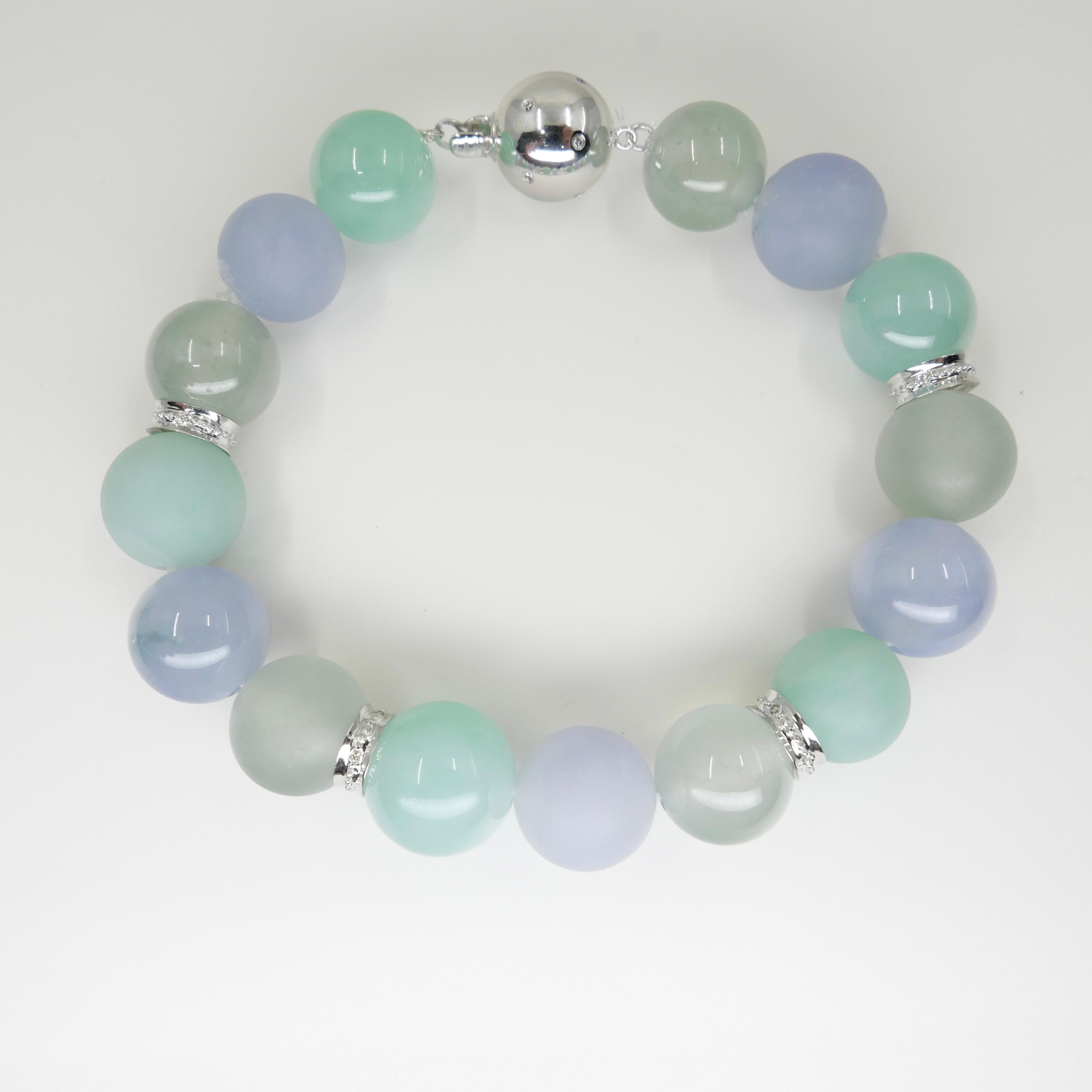 GIA Certified Natural Multi-Colored Jadeite Icy Jade Bead & Diamond Bracelet For Sale 2