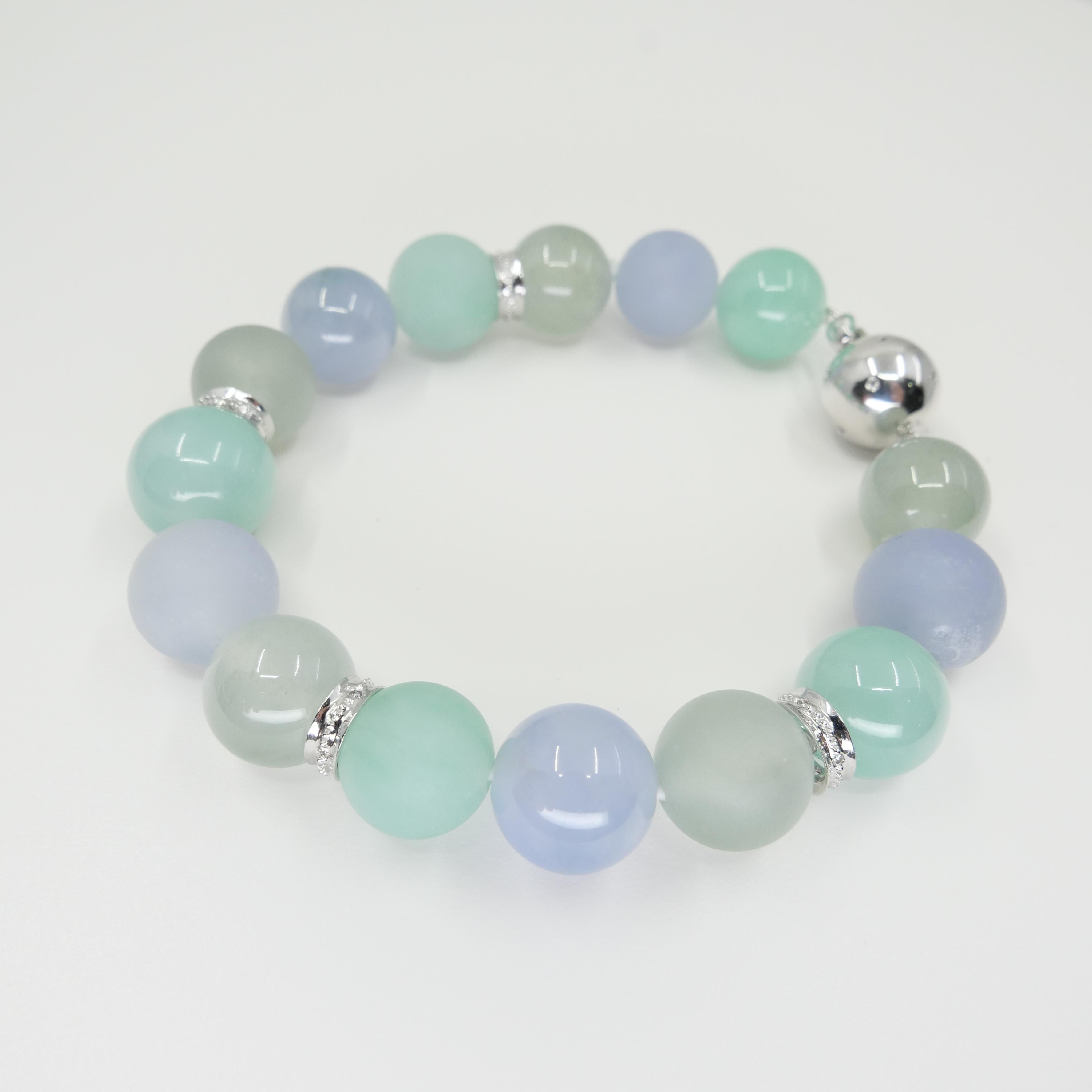 GIA Certified Natural Multi-Colored Jadeite Icy Jade Bead & Diamond Bracelet For Sale 4