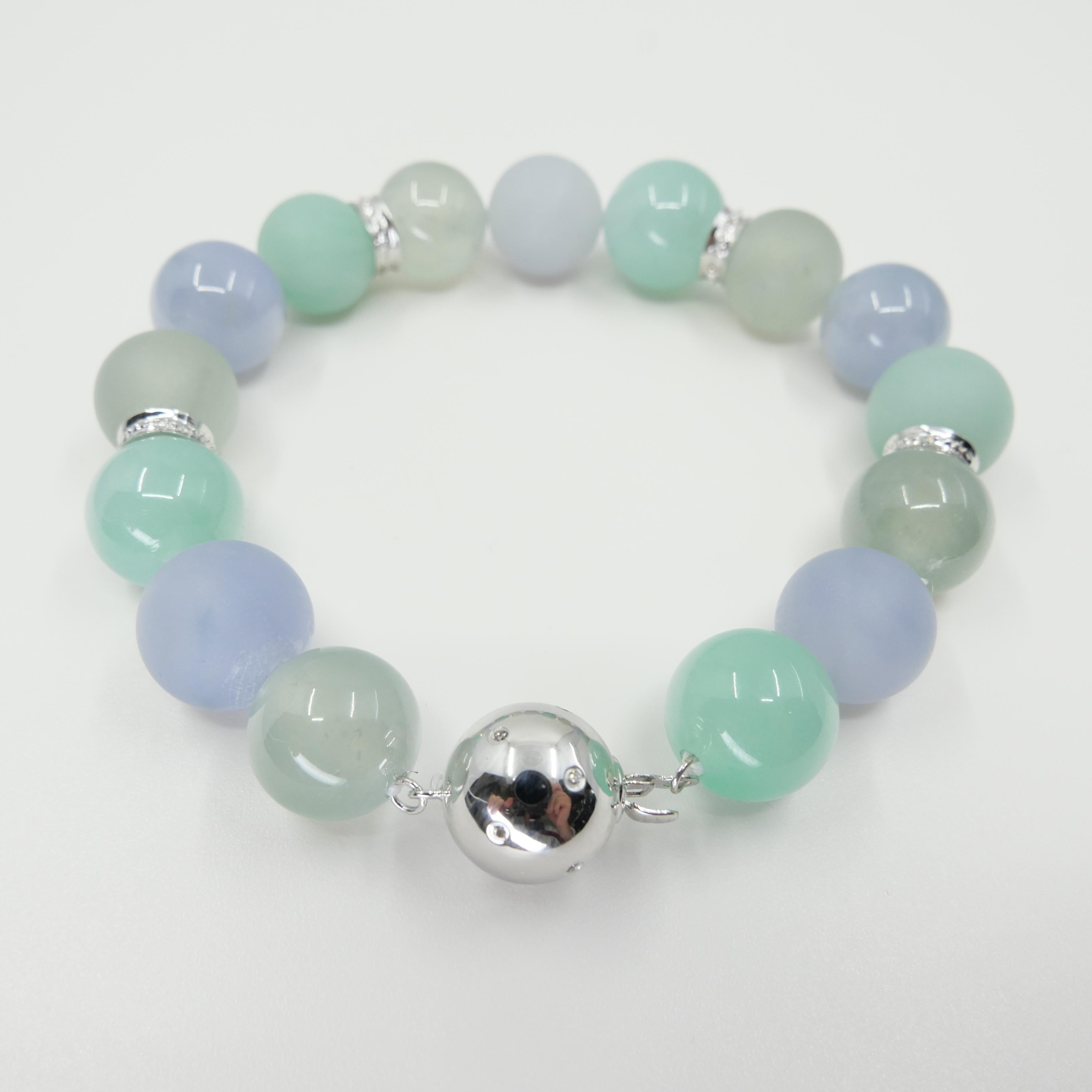 GIA Certified Natural Multi-Colored Jadeite Icy Jade Bead & Diamond Bracelet For Sale 6