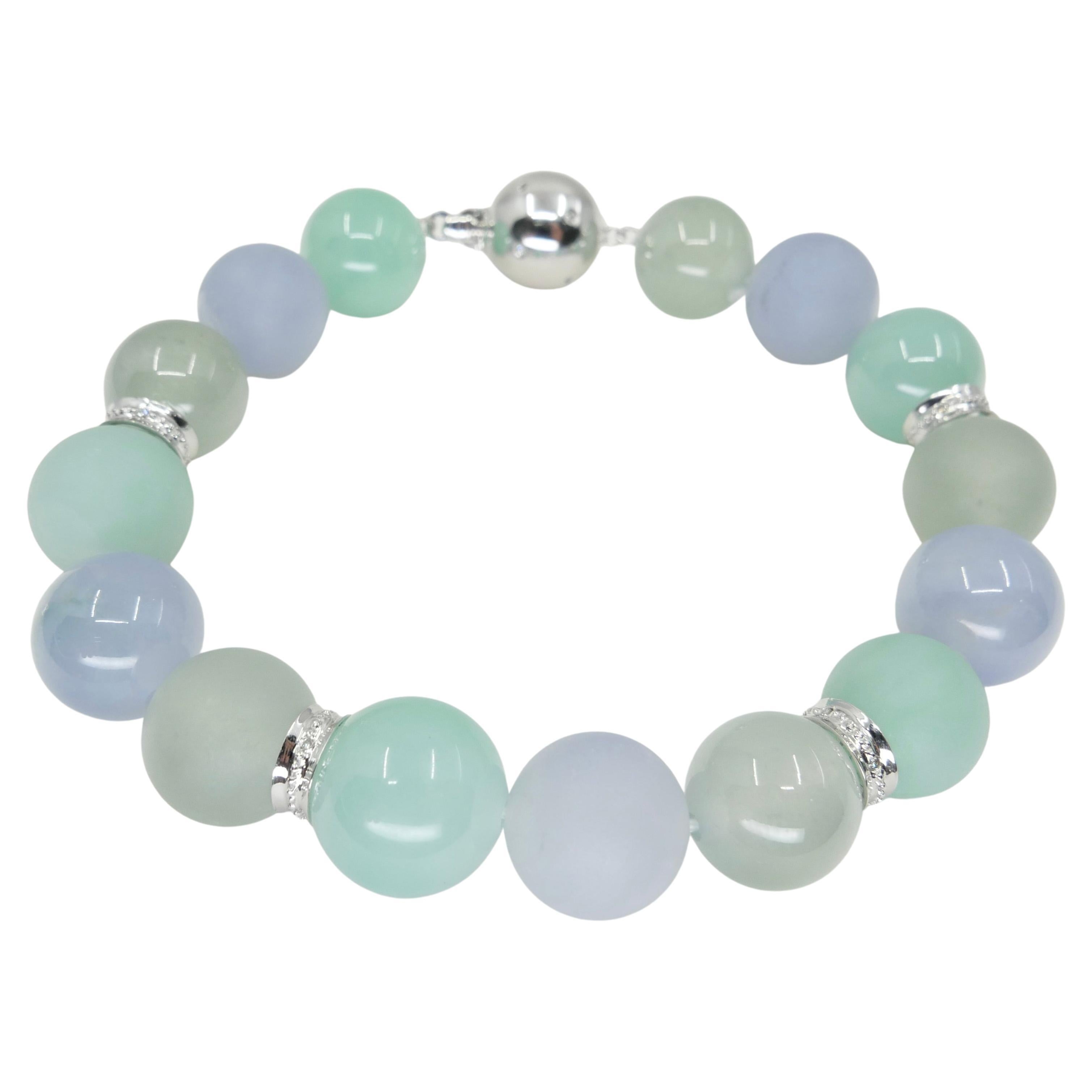 GIA Certified Natural Multi-Colored Jadeite Icy Jade Bead & Diamond Bracelet For Sale