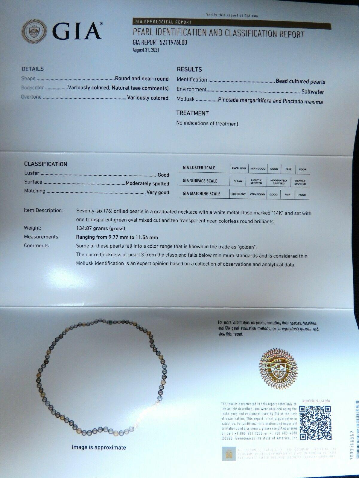 GIA Certified Natural Multicolor Tahitian Saltwater Pearls Necklace 14k In New Condition For Sale In New York, NY
